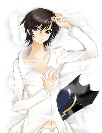 lelouch vi britannia, code geass, 00s, 1boy, brown hair, male focus, navel, purple eyes, shirt, solo, white background