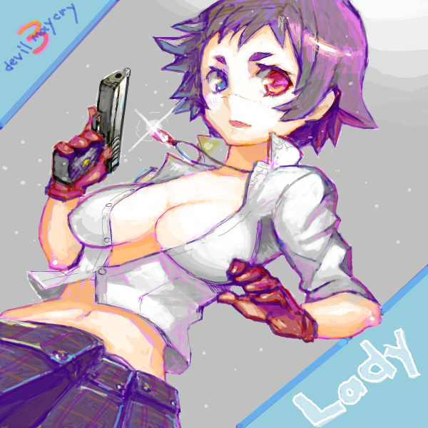 meme50, lady (devil may cry), capcom, devil may cry, devil may cry (series), devil may cry 3, bad id, bad pixiv id, 00s, 1girl, breasts, cleavage, female focus, gun, heterochromia, midriff, navel, oekaki, short hair, solo, weapon