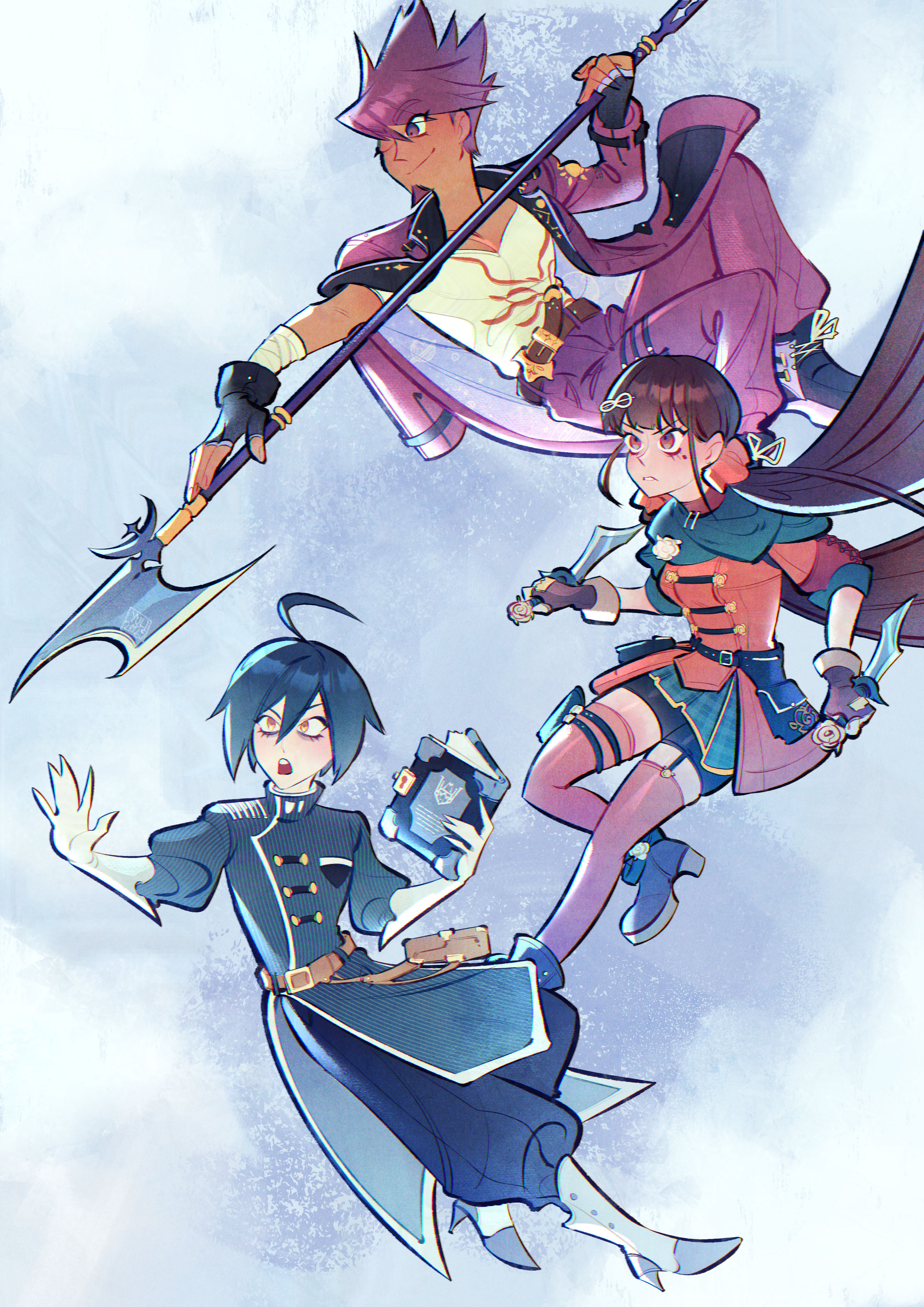 hellshake yuli, harukawa maki, momota kaito, saihara shuichi, danganronpa (series), danganronpa v3: killing harmony, absurdres, highres, 1girl, 2boys, ahoge, black jacket, black pants, blush, book, brown hair, dual wielding, facial hair, goatee, hair between eyes, hair ornament, hair scrunchie, holding, holding book, holding polearm, holding weapon, jacket, long hair, long sleeves, low twintails, mole, mole under eye, multiple boys, muscular, muscular male, one eye closed, pants, pink hair, pink pants, pink thighhighs, polearm, print shirt, puffy pants, red eyes, red scrunchie, scrunchie, shirt, shoes, short hair, skirt, smile, striped clothes, striped jacket, thighhighs, twintails, weapon, white shirt