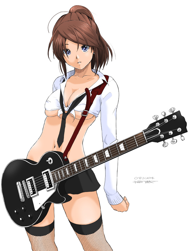 ryouzou, 1girl, blue eyes, breasts, brown hair, cleavage, female focus, fishnet thighhighs, fishnets, guitar, instrument, long hair, midriff, miniskirt, navel, necktie, ponytail, simple background, skirt, solo, thighhighs, underboob