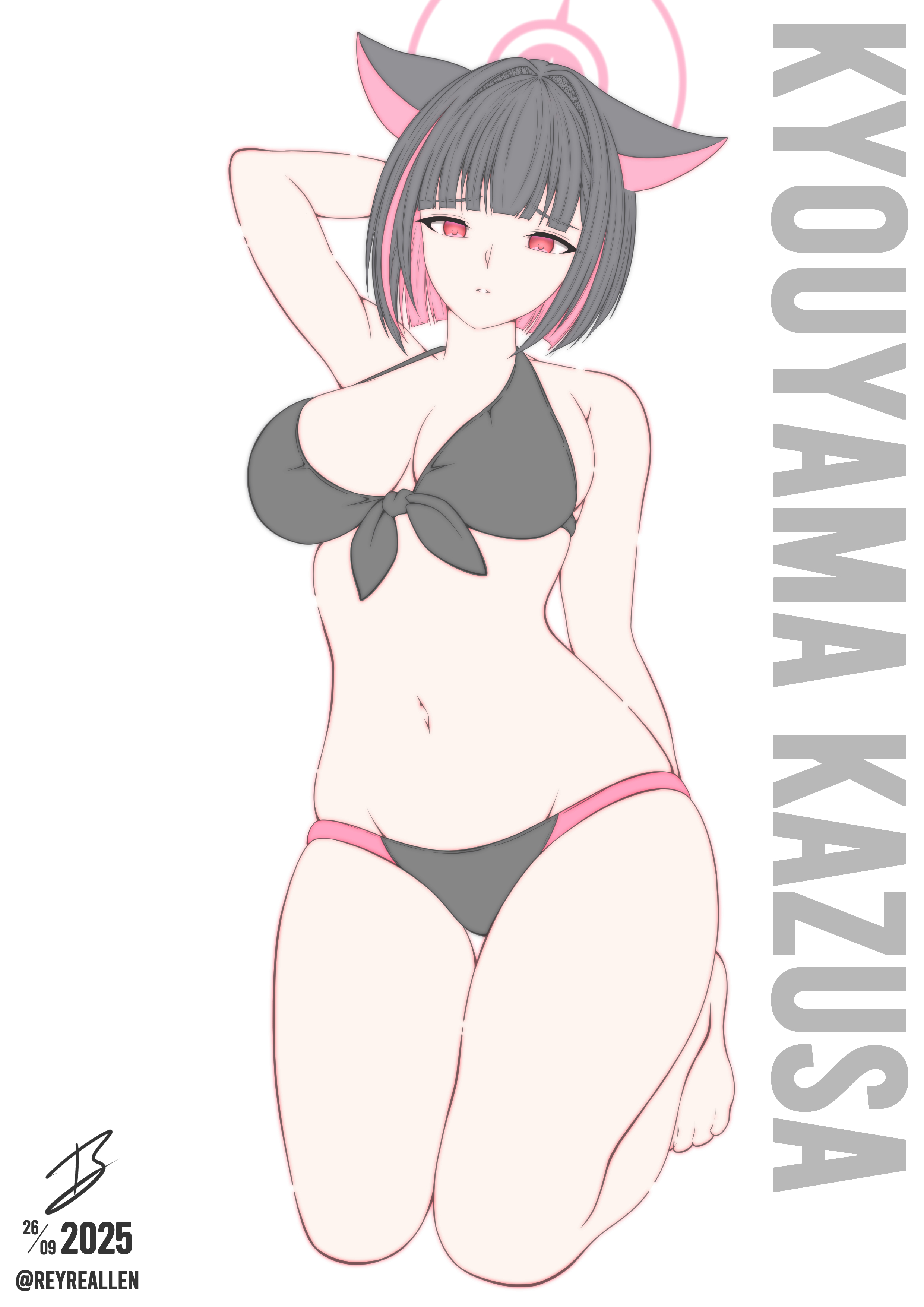realen, kazusa (blue archive), blue archive, absurdres, highres, 1girl, alternate costume, animal ears, arm behind head, artist name, barefoot, bikini, black bikini, black hair, breasts, cat ears, cat girl, character name, colored inner animal ears, colored inner hair, dated, halo, kneeling, large breasts, multicolored hair, navel, pink hair, pink halo, red eyes, short hair, signature, swimsuit, two-tone hair, white background
