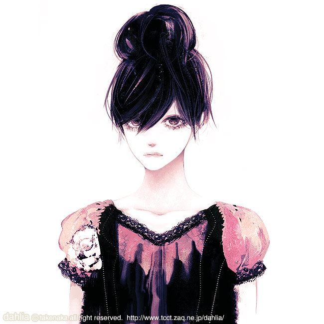takenaka, 1girl, female focus, monochrome, pale skin, simple background, solo, watermark