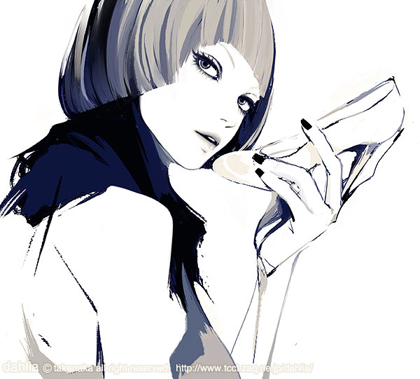 takenaka, original, 1girl, bare shoulders, female focus, greyscale, high heels, looking back, monochrome, nail polish, scarf, shoes, short hair, simple background, solo, unworn shoes, upper body, watermark