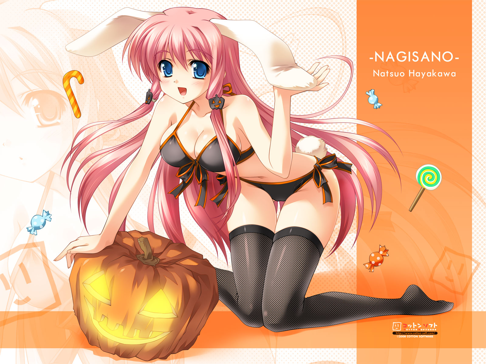 sasai saji, hayakawa natsuo, nagisano, highres, 1girl, animal ears, bikini, black bikini, black thighhighs, breasts, candy, candy cane, character name, cleavage, copyright name, female focus, fishnets, food, halloween, jack-o'-lantern, lollipop, long hair, medium breasts, orange background, pumpkin, rabbit ears, side-tie bikini bottom, solo, swimsuit, swirl lollipop, thighhighs