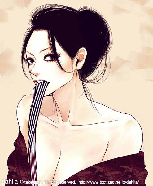 takenaka, striped, 1girl, bare shoulders, black hair, breasts, brown eyes, cleavage, female focus, japanese clothes, mouth hold, simple background, solo, watermark
