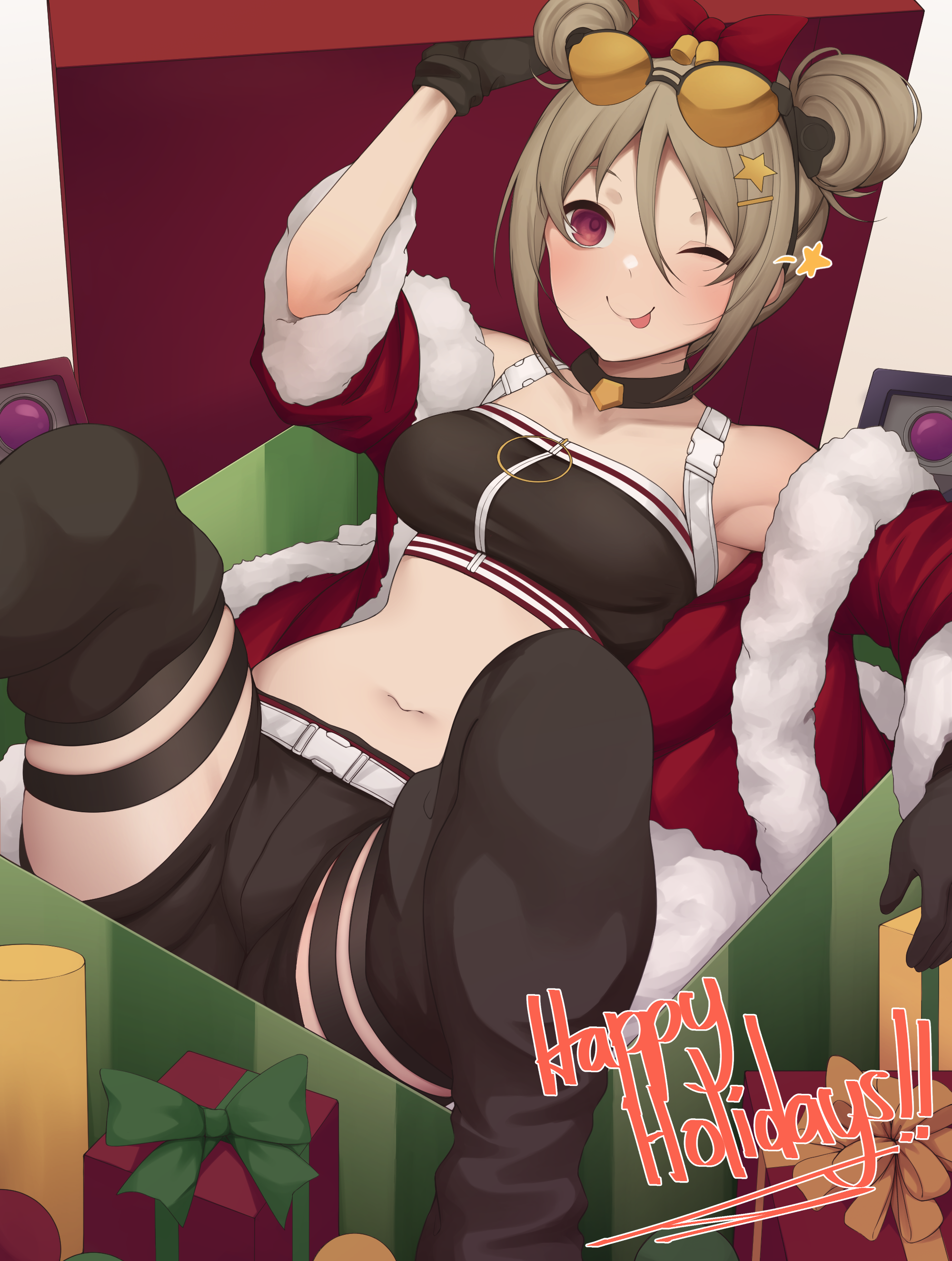 act (xadachit), dinergate (girls' frontline), p90 (girls' frontline), p90 (scarlet turbo) (girls' frontline), girls' frontline, absurdres, commentary, highres, 1girl, :p, armpits, black boots, black choker, black gloves, black shorts, black thighhighs, blush, boots, bow, box, breasts, brown hair, buckle, chest strap, choker, collarbone, dated commentary, double bun, english text, eyewear on head, fur-trimmed jacket, fur trim, gift, gift box, gloves, hair between eyes, hair bow, hair bun, happy holidays, in box, in container, jacket, looking at viewer, lying, medium breasts, midriff, navel, off shoulder, one eye closed, red bow, red eyes, red jacket, short hair, short shorts, shorts, sidelocks, sitting, smile, solo, stomach, strapless, sunglasses, thigh boots, thigh strap, thighhighs, tongue, tongue out, tube top