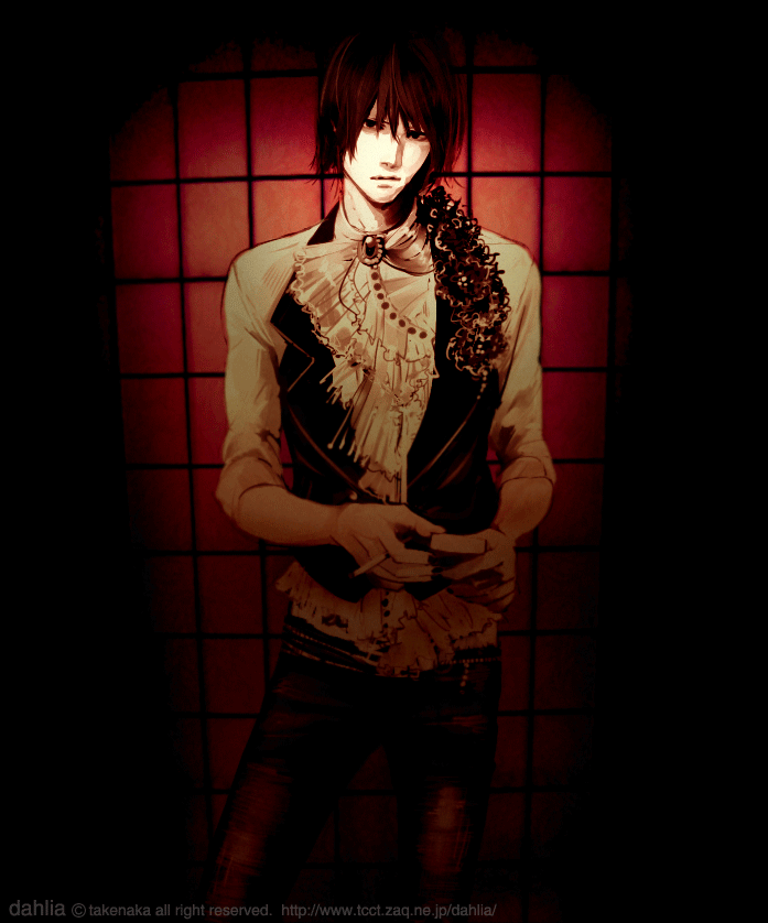 takenaka, 1boy, cigarette, frills, male focus, nail polish, short hair, solo, standing, vest, watermark