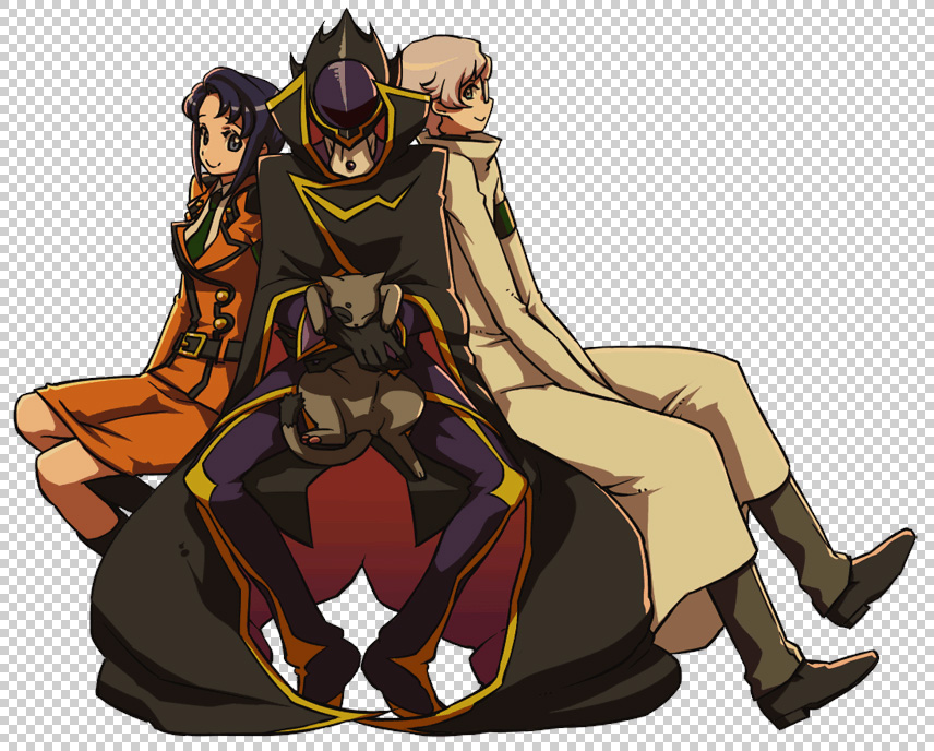 jjjjjj, arthur (code geass), cecile croomy, kururugi suzaku, lloyd asplund, zero (code geass), code geass, 00s, 1girl, 2boys, belt, blazer, cape, cat, glasses, grey hair, holding, jacket, looking at viewer, mask, military, multiple boys, necktie, profile, purple hair, short hair, sitting, skirt, smile