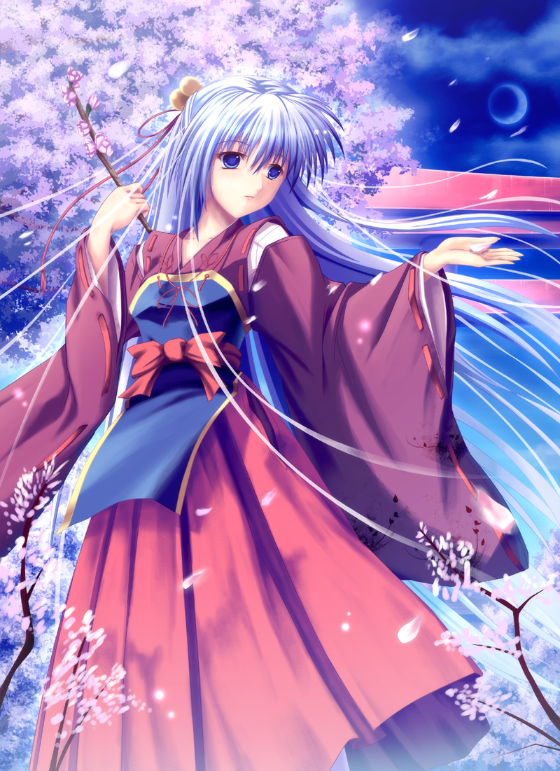 eien, nagatsuki towa, original, bad id, bad pixiv id, 1girl, blue eyes, blue hair, bow, cherry blossoms, female focus, hakama, hakama skirt, japanese clothes, long hair, matching hair/eyes, miko, red hakama, skirt, solo, very long hair, wind