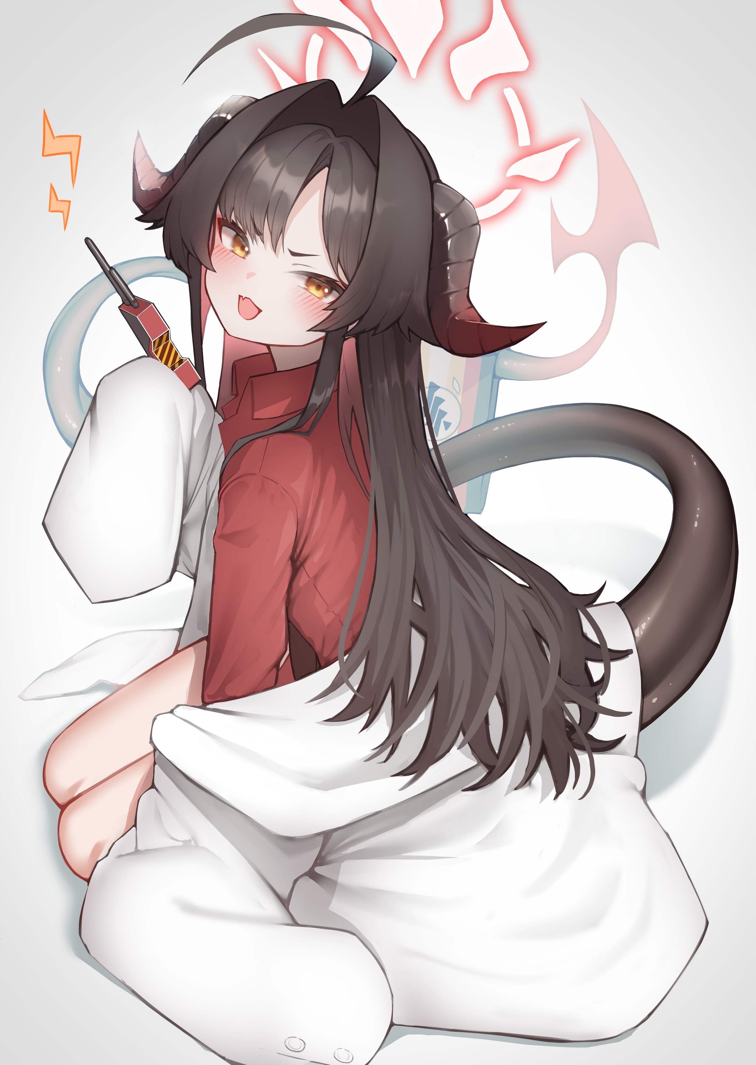 akuma (st.takuma), kasumi (blue archive), blue archive, absurdres, highres, 1girl, :d, ahoge, bare legs, black hair, blush, coat partially removed, demon girl, demon horns, demon tail, fang, gehenna academy logo, grey background, hair intakes, halo, horns, lab coat, lightning bolt symbol, long hair, long tail, looking at viewer, open mouth, orange eyes, red halo, red shirt, shirt, simple background, sitting, skin fang, sleeves past fingers, sleeves past wrists, smile, solo, tail, very long sleeves, walkie-talkie, wing collar