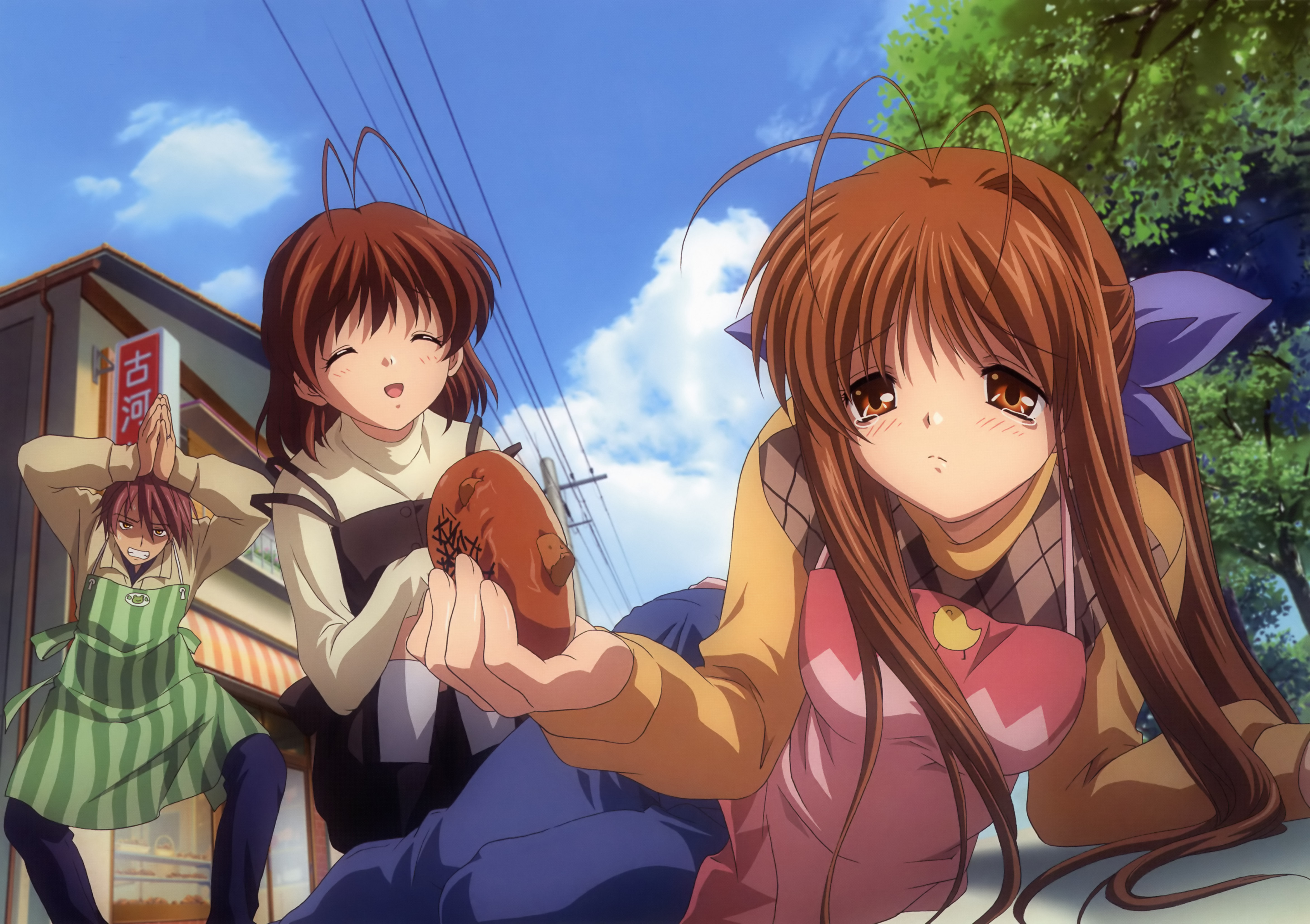 furukawa akio, furukawa nagisa, furukawa sanae, clannad, absurdres, highres, non-web source, official art, 00s, anpan, antenna hair, apron, bad food, bow, brown eyes, brown hair, food, tears
