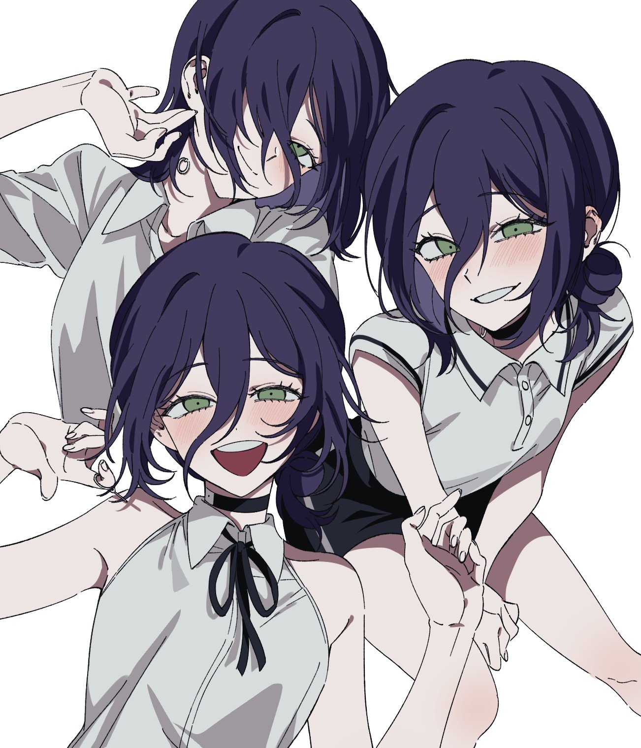 zdo on, reze (chainsaw man), chainsaw man, highres, 1girl, arm up, blush, choker, green eyes, grenade pin, hair bun, head tilt, looking at viewer, multiple girls, parted lips, purple hair, shirt, short hair, shorts, simple background, single hair bun, smile, white shirt
