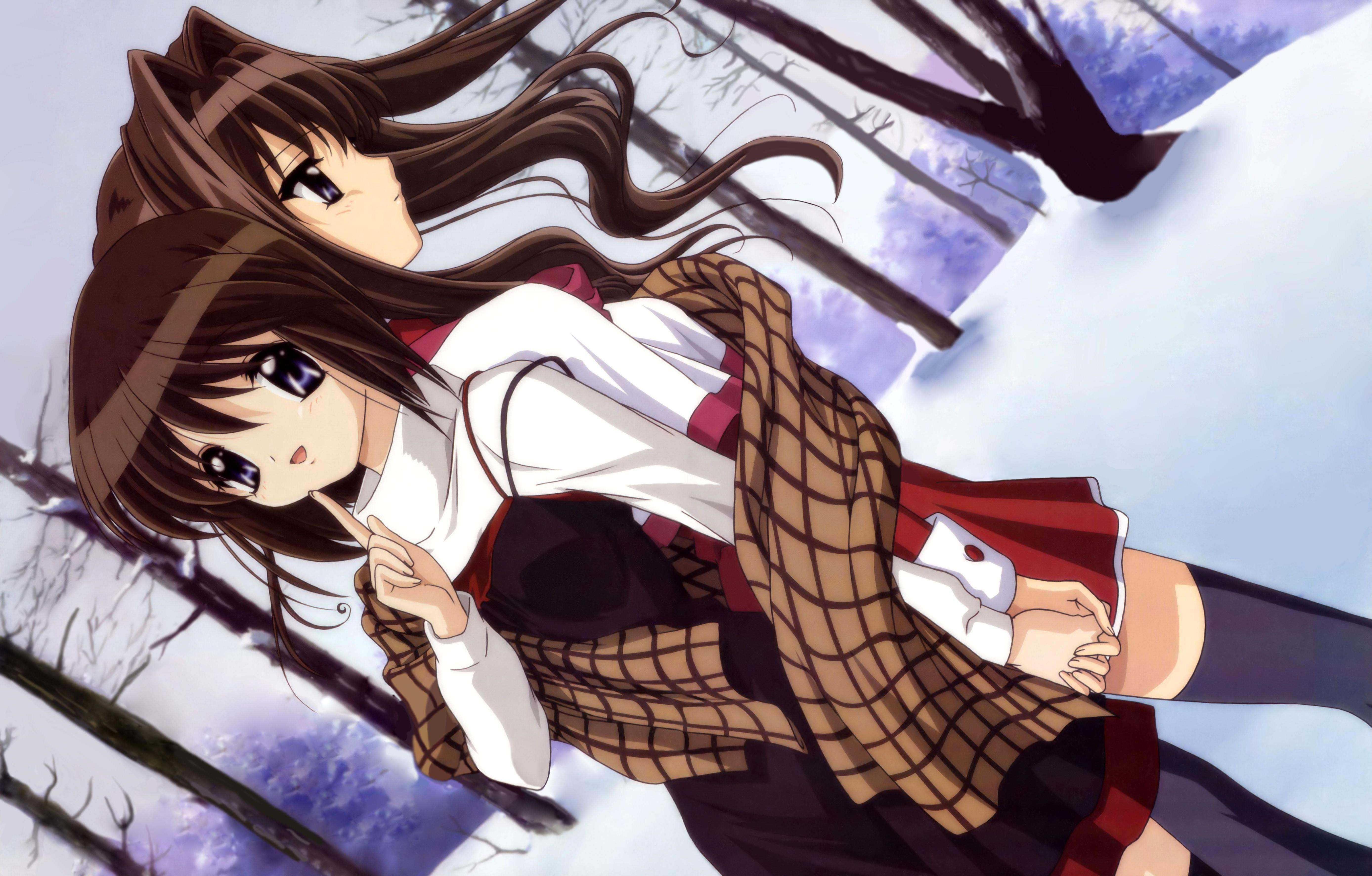 ikeda kazumi, misaka kaori, misaka shiori, kanon, absurdres, highres, non-web source, 2girls, blue eyes, brown hair, grey sky, holding hands, long hair, multiple girls, plaid clothes, plaid scarf, scarf, school uniform, serafuku, short hair, siblings, sisters, sky, snow, thighhighs