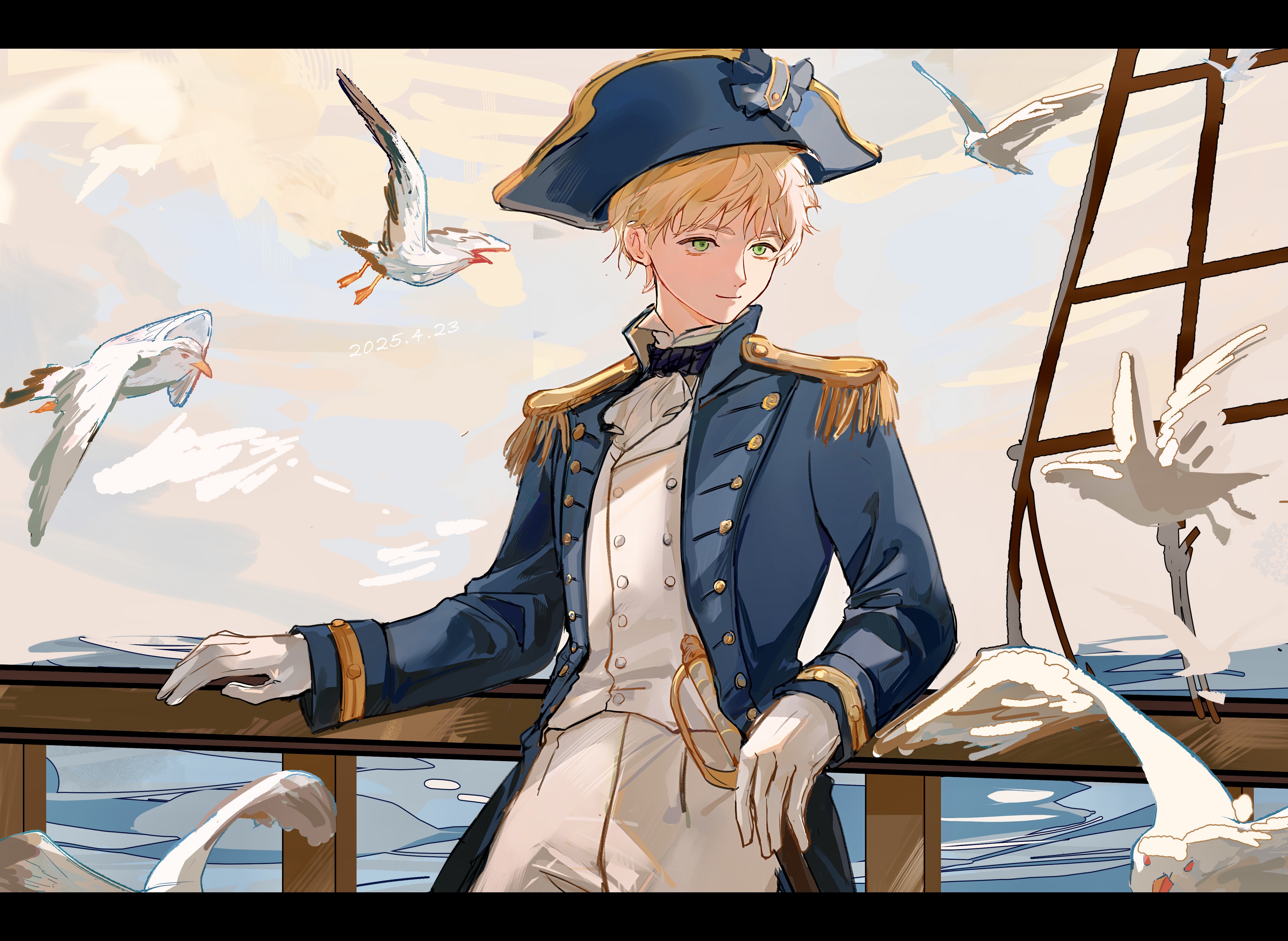 cubed (houkuaid), united kingdom (hetalia), axis powers hetalia, absurdres, highres, 1boy, ascot, bicorne, bird, blonde hair, coat, epaulettes, gloves, green eyes, hat, male focus, orange sky, seagull, ship, shirt, short hair, sky, smile, solo, thick eyebrows, upper body, watercraft