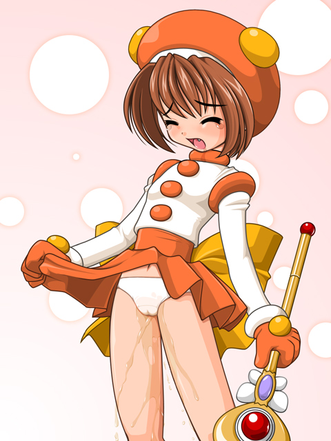 hananokouji kurara, atlus, gouketsuji ichizoku, 1girl, brown hair, buttons, clothes lift, embarrassed, female focus, hat, panties, pee, peeing, peeing self, saliva, short hair, skirt, skirt lift, solo, tears, underwear, wand, wet, wet clothes, wet panties