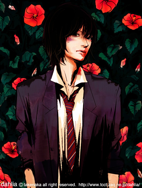 takenaka, striped, 1boy, black eyes, brown hair, flower, formal clothes, hibiscus, male focus, necktie, short hair, solo, suit, watermark