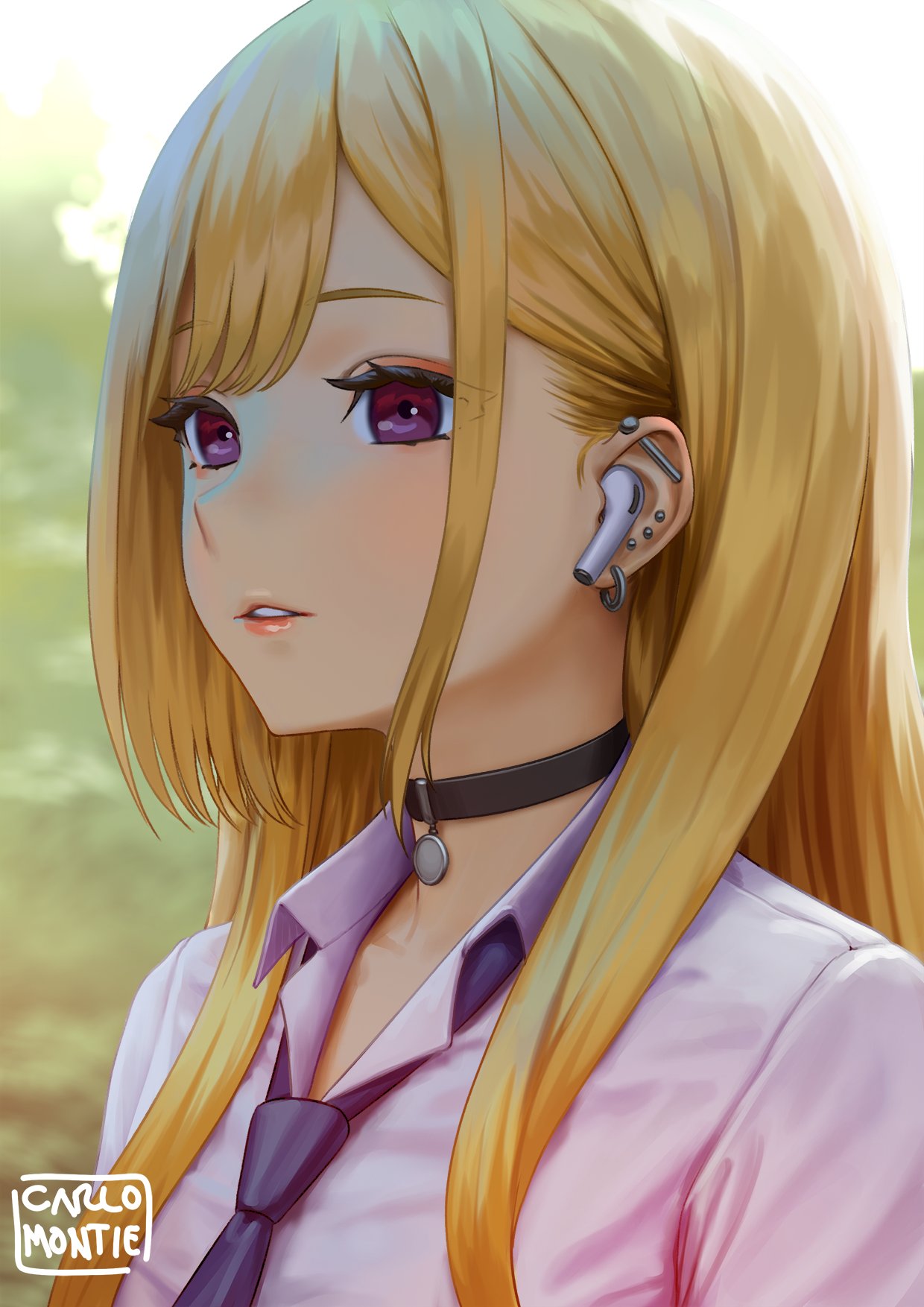 carlo montie, kitagawa marin, sono bisque doll wa koi wo suru, commentary, highres, symbol-only commentary, 1girl, airpods, artist name, black choker, blonde hair, blue necktie, choker, ear piercing, gyaru, necktie, parted lips, piercing, purple eyes, school uniform, shirt, solo, upper body, white shirt, wireless earphones