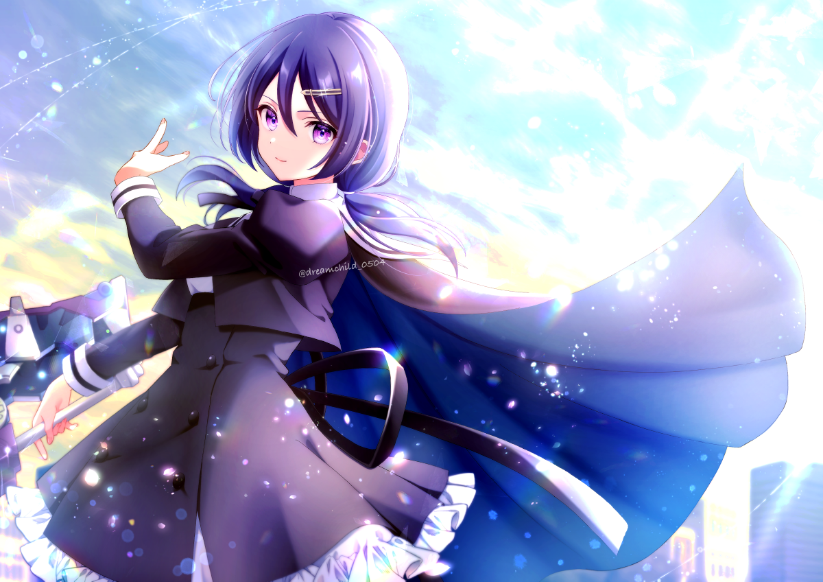 mizuha (dreamchild 0504), watanabe akane, assault lily, commentary request, 1girl, backlighting, black cape, black skirt, blue cape, building, cape, closed mouth, cloud, cloudy sky, cowboy shot, cropped jacket, day, fingernails, floating hair, frilled skirt, frills, hair between eyes, hair ornament, hairclip, hand up, high-waist skirt, holding, holding weapon, juliet sleeves, lens flare, light particles, long hair, long sleeves, looking at viewer, low twintails, outdoors, puffy sleeves, purple eyes, purple hair, school uniform, shirt, skirt, sky, smile, solo, standing, sunlight, twintails, twitter username, two-sided cape, two-sided fabric, weapon, white shirt, yurigaoka girls academy school uniform