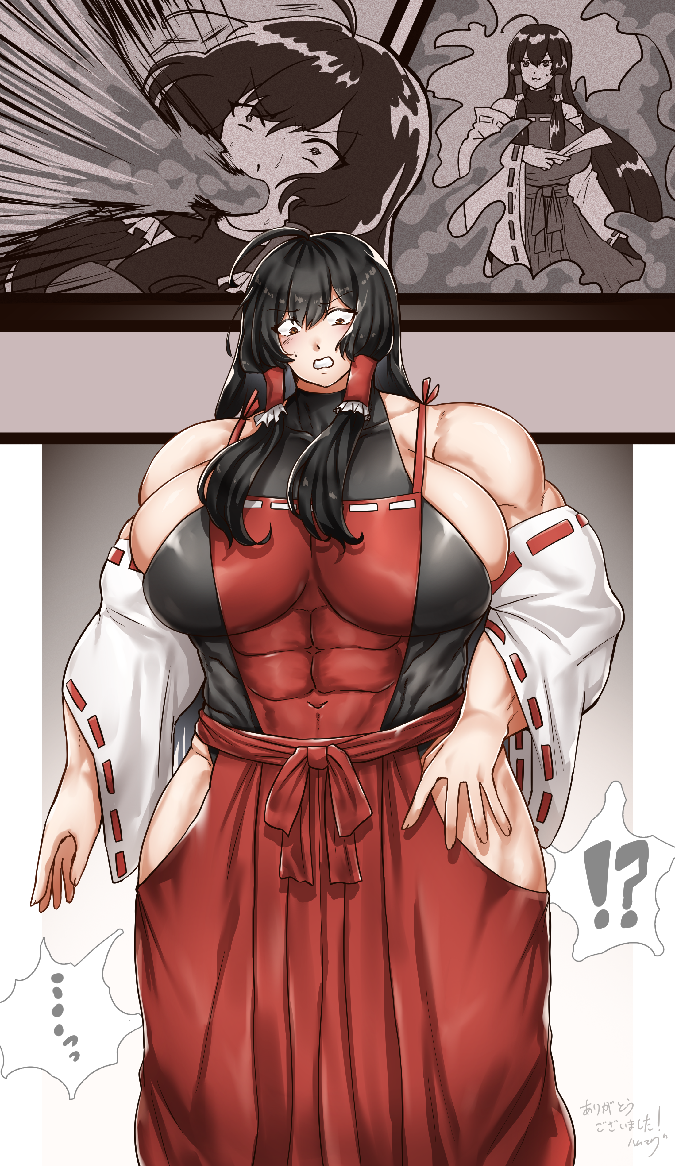 sendai hakurei no miko, touhou, absurdres, highres, non-web source, ahoge, black hair, covered abs, detached sleeves, hakama, hakama pants, hakama skirt, ham121ham, huge ahoge, japanese clothes, leotard, muscular, muscular female, pants, red hakama, red pants, skirt
