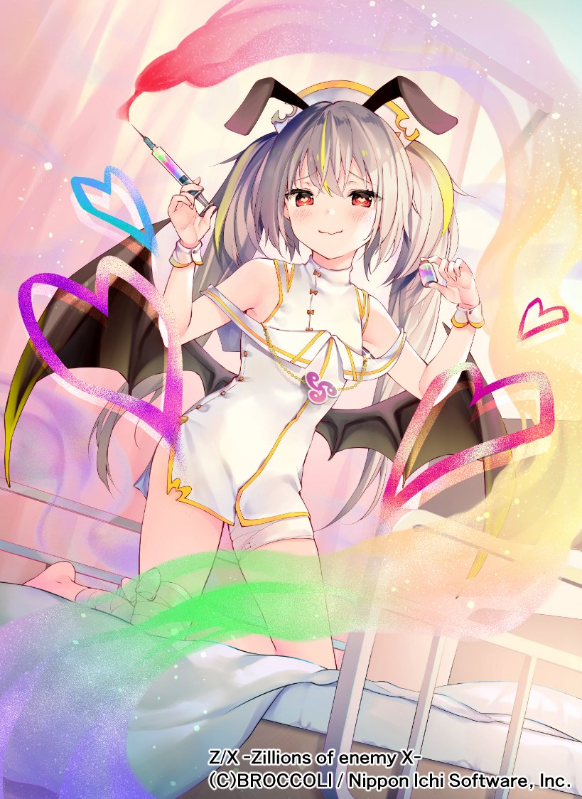 cocoa (cafe-hotcocoa), z/x, official art, 1girl, bandaged leg, bandages, bare shoulders, bat wings, blonde hair, bottle, closed mouth, copyright notice, dress, grey hair, hastur (z/x), hat, heart, heart-shaped pupils, holding, holding bottle, holding syringe, indoors, kneeling, long hair, medicine bottle, multicolored hair, nurse cap, on bed, solo, symbol-shaped pupils, syringe, twintails, white dress, white wrist cuffs, wings, wrist cuffs, yellow trim