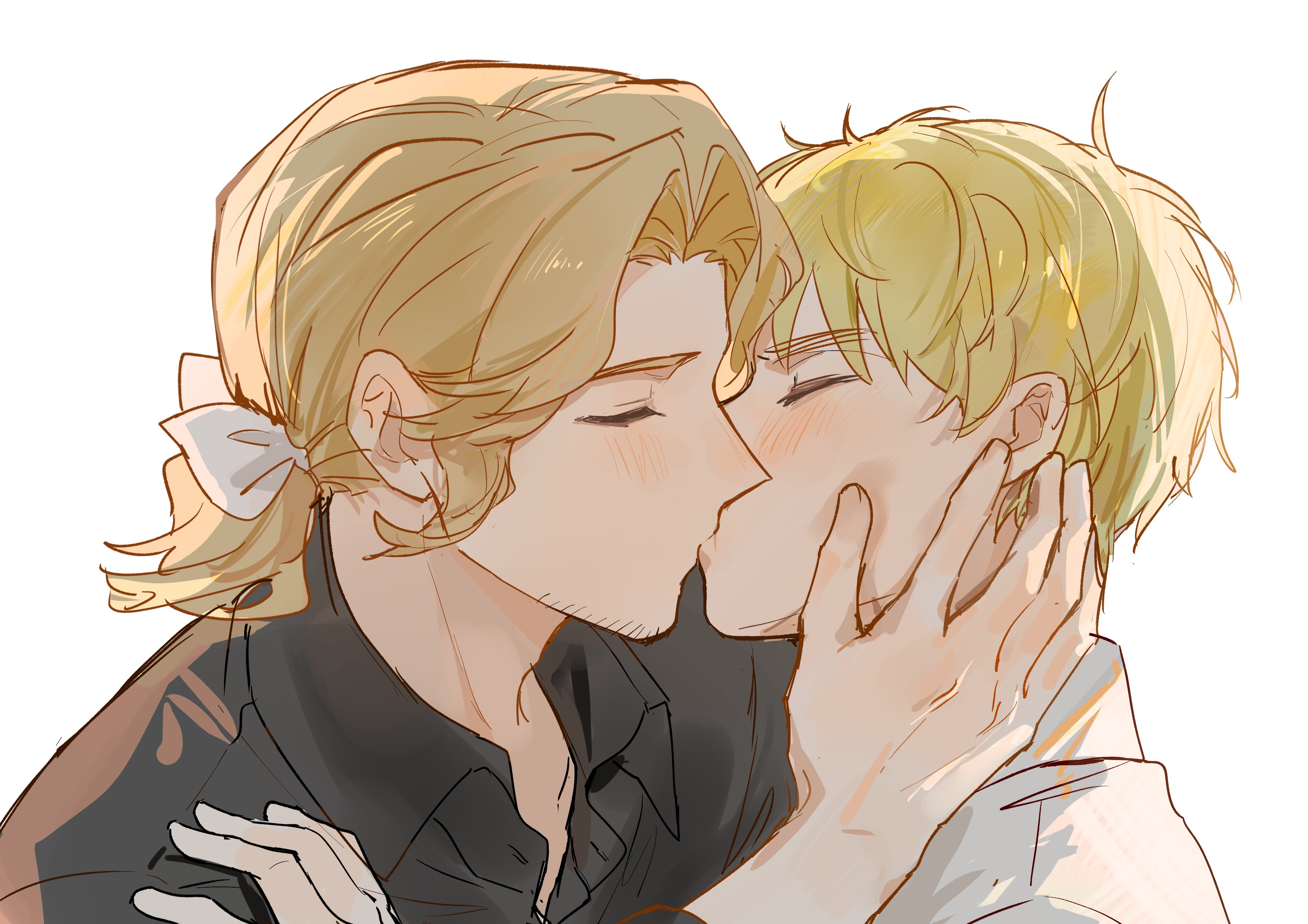 cubed (houkuaid), france (hetalia), united kingdom (hetalia), axis powers hetalia, absurdres, highres, 2boys, blonde hair, blush, bow, closed eyes, facial hair, goatee stubble, hair bow, kiss, male focus, medium hair, multiple boys, ponytail, short hair, simple background, stubble, thick eyebrows, upper body, white background, yaoi