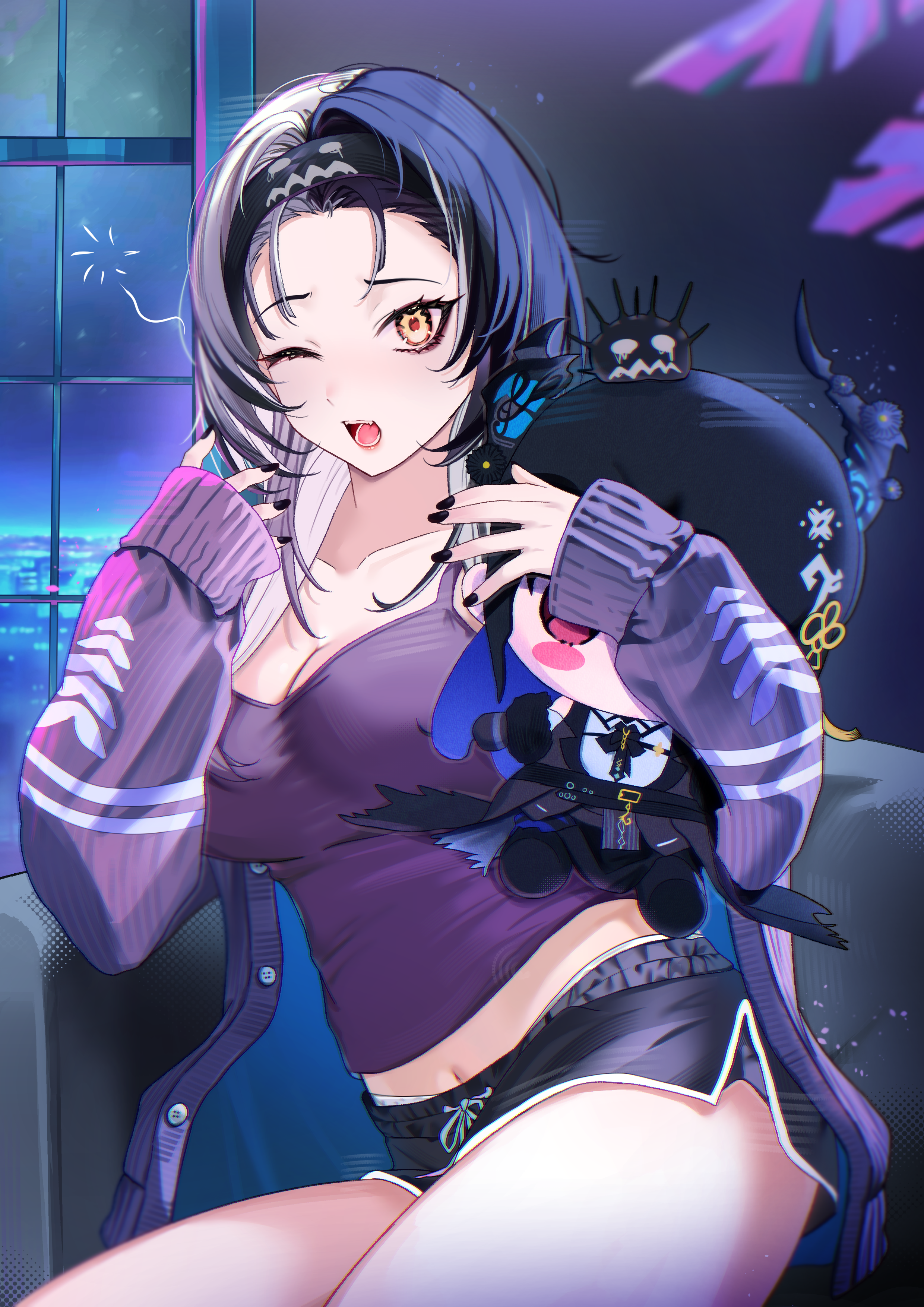higeji (higeji404), nerissa ravencroft, shiori novella, yorick (shiori novella), hololive, hololive english, absurdres, highres, 1girl, black hair, black nails, black shorts, breasts, camisole, character doll, cleavage, doll, dolphin shorts, forehead, grey hair, headband, holding, holding stuffed toy, indoors, jacket, large breasts, looking at viewer, multicolored hair, navel, one eye closed, open mouth, purple camisole, purple jacket, short shorts, shorts, solo, split-color hair, squeans, stuffed toy, two-tone hair, virtual youtuber, window, yawning, yellow eyes