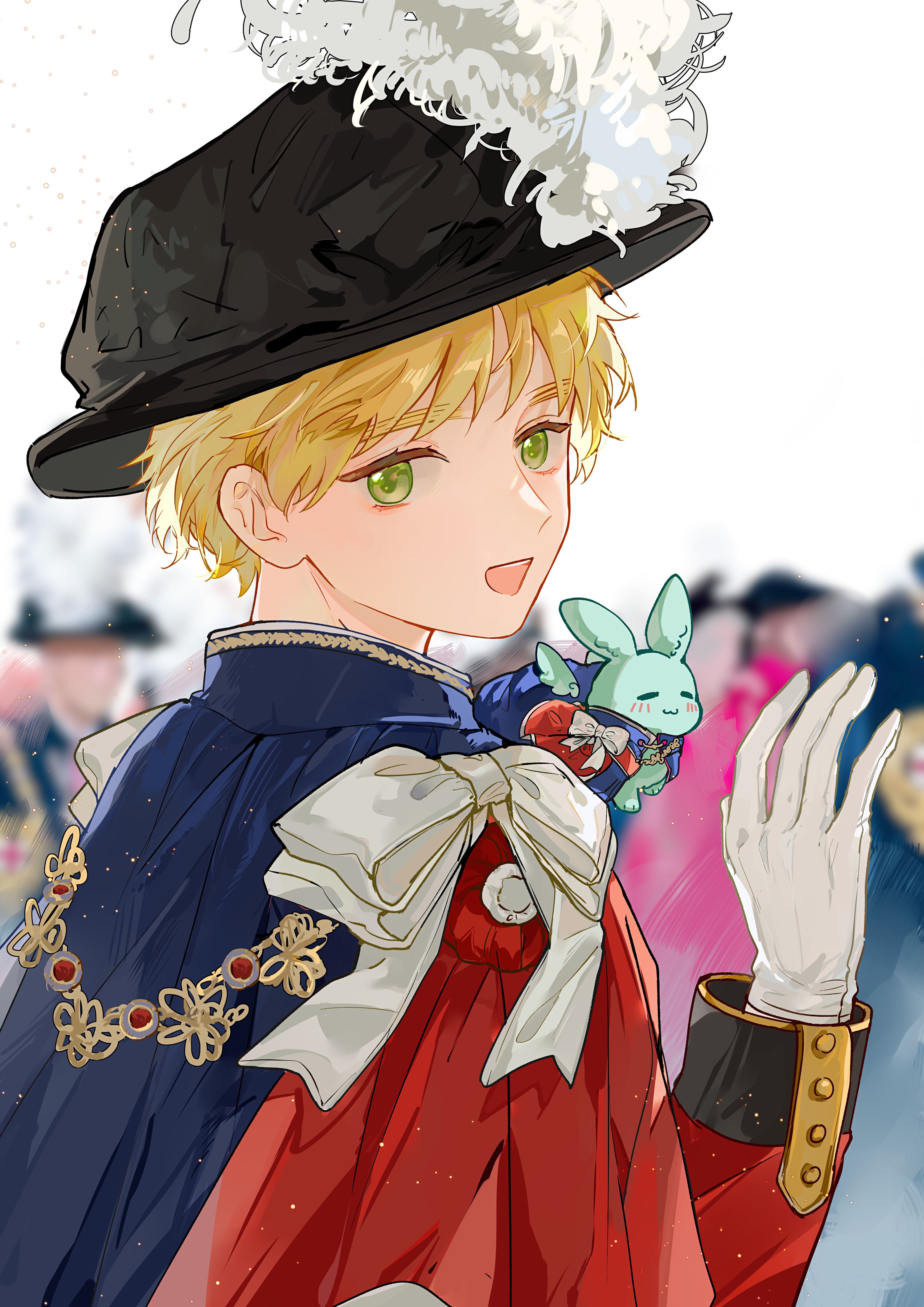 cubed (houkuaid), united kingdom (hetalia), axis powers hetalia, absurdres, highres, 1boy, blonde hair, cape, creature, gloves, green eyes, hat, jacket, long sleeves, looking at viewer, looking back, male focus, open mouth, plume, short hair, smile, solo focus, thick eyebrows, upper body