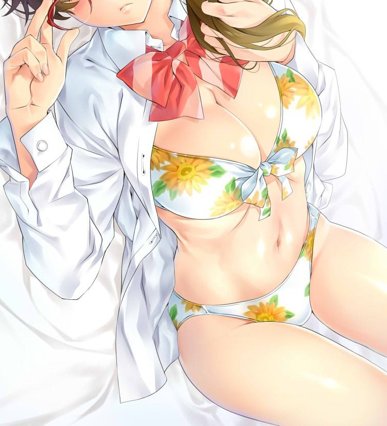 nagayori, hasegawa hinako, tada-kun wa koi wo shinai, commentary request, cropped, rotated, 1girl, adjusting eyewear, bikini, bikini under clothes, blush, bow, bowtie, braid, breasts, brown hair, cleavage, collared shirt, dress shirt, eyes out of frame, floral print, front-tie top, glasses, hair down, hair undone, hand in own hair, head out of frame, holding, holding own hair, large breasts, long hair, lying, navel, no pants, on back, open clothes, open shirt, print bikini, red-framed eyewear, red bow, red bowtie, school uniform, shiny skin, shirt, solo, striped bow, striped bowtie, striped clothes, swimsuit, white bikini, white shirt