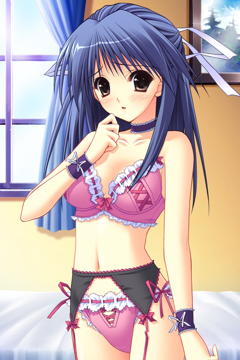 suzuhira hiro, karin (ne~pon? x rai pon!), ne~pon? x rai pon!, highres, 1girl, blue hair, blush, bra, brown eyes, choker, embarrassed, female focus, garter belt, hair ribbon, lingerie, long hair, panties, pink bra, pink panties, ribbon, side-tie panties, solo, underwear, underwear only, window, wristband
