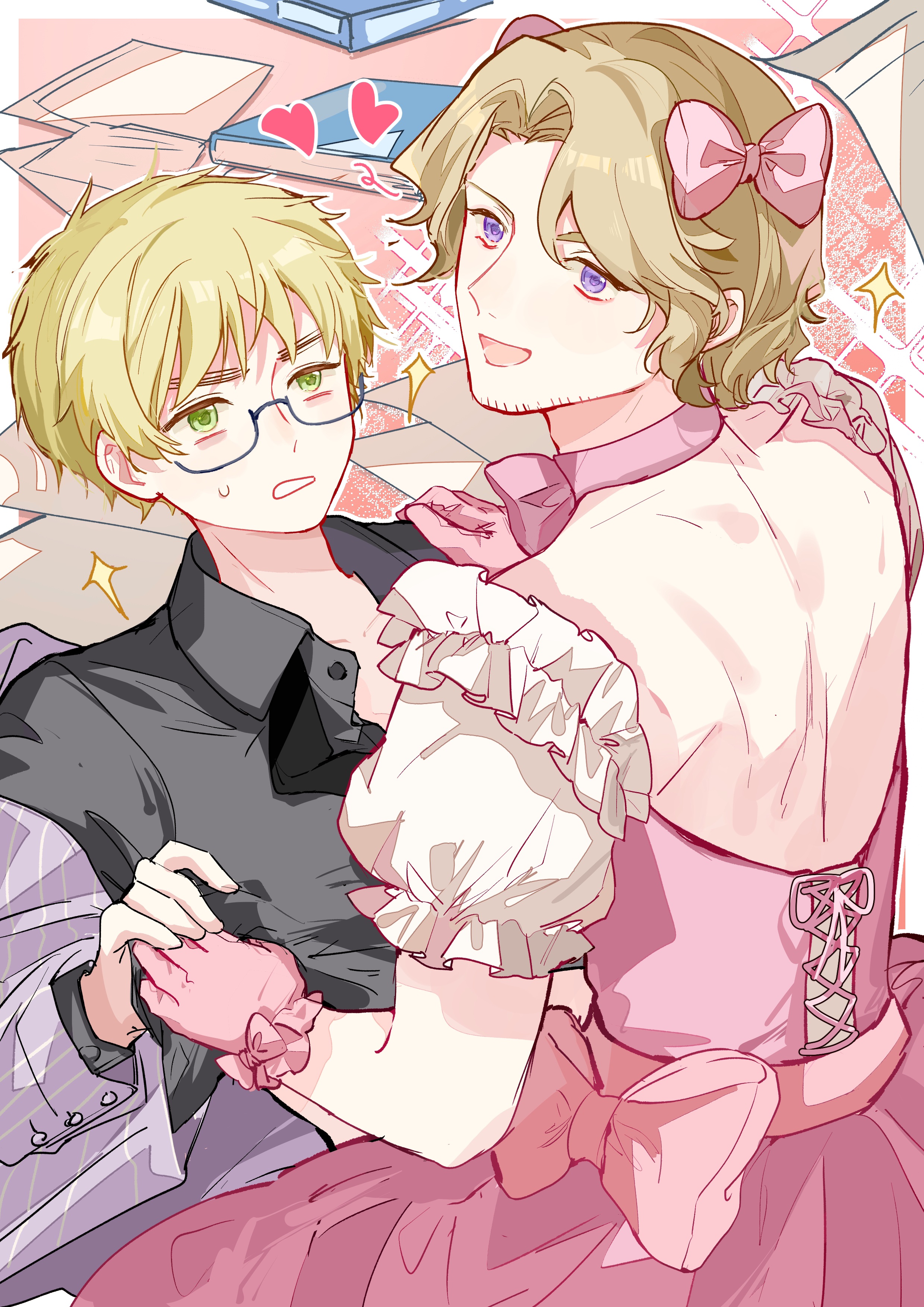 cubed (houkuaid), france (hetalia), united kingdom (hetalia), axis powers hetalia, absurdres, highres, 2boys, blonde hair, bow, choker, collared shirt, crossdressing, crossdressing (mtf), dress, facial hair, glasses, gloves, goatee stubble, green eyes, hair bow, heart, jacket, magical boy, male focus, medium hair, multiple boys, open mouth, pink dress, purple eyes, shirt, short hair, smile, straddling, stubble, sweatdrop, thick eyebrows, undressing another, yaoi