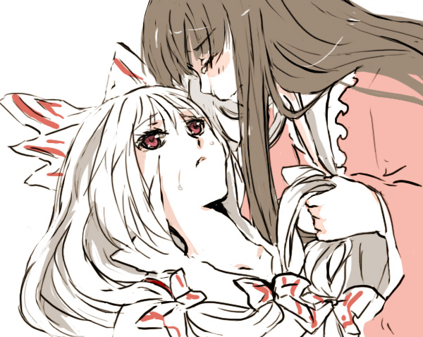 hisa, fujiwara no mokou, houraisan kaguya, touhou, bad id, bad pixiv id, 2girls, closed eyes, female focus, multiple girls, simple background, tears, upper body, white background
