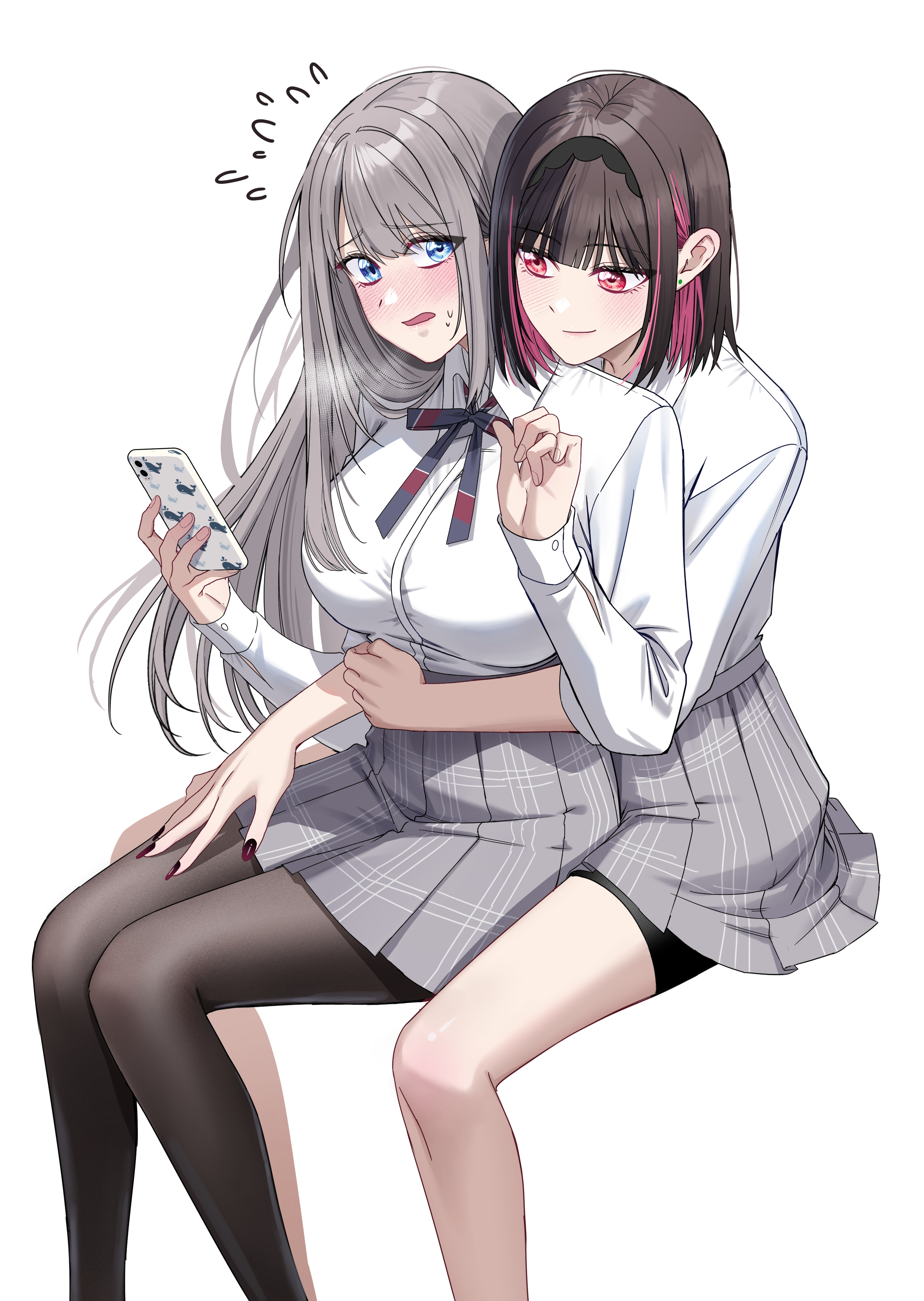 jovei, saotome shino (shino to ren), shirayuki ren, shino to ren, absurdres, chinese commentary, commentary request, highres, 2girls, black hair, black hairband, black nails, black pantyhose, black shorts, blue eyes, blush, breasts, cellphone, closed mouth, collared shirt, colored inner hair, dress shirt, gradient nails, grey hair, grey skirt, hairband, holding, holding phone, hug, hug from behind, invisible chair, large breasts, long hair, long sleeves, multicolored hair, multiple girls, nail polish, neck ribbon, open mouth, pantyhose, phone, pink hair, plaid clothes, plaid skirt, pleated skirt, purple nails, red eyes, ribbon, school uniform, shirt, short hair, shorts, shorts under skirt, sitting, sitting between lap, skirt, smartphone, three-quarter sleeves, white shirt, yuri
