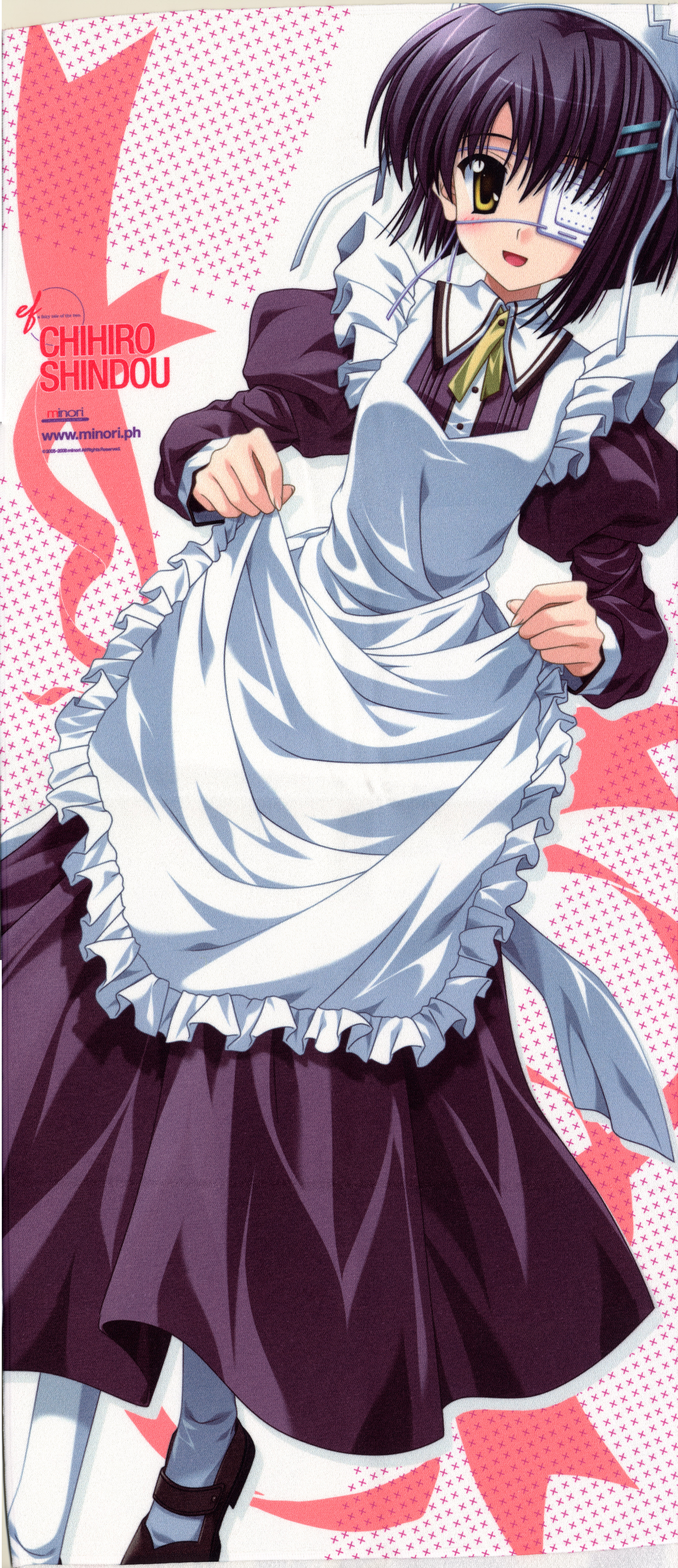 nanao naru, shindou chihiro, ef (visual novel), absurdres, highres, non-web source, scan, 00s, blue hair, eyepatch, maid, short hair, solo, yellow eyes