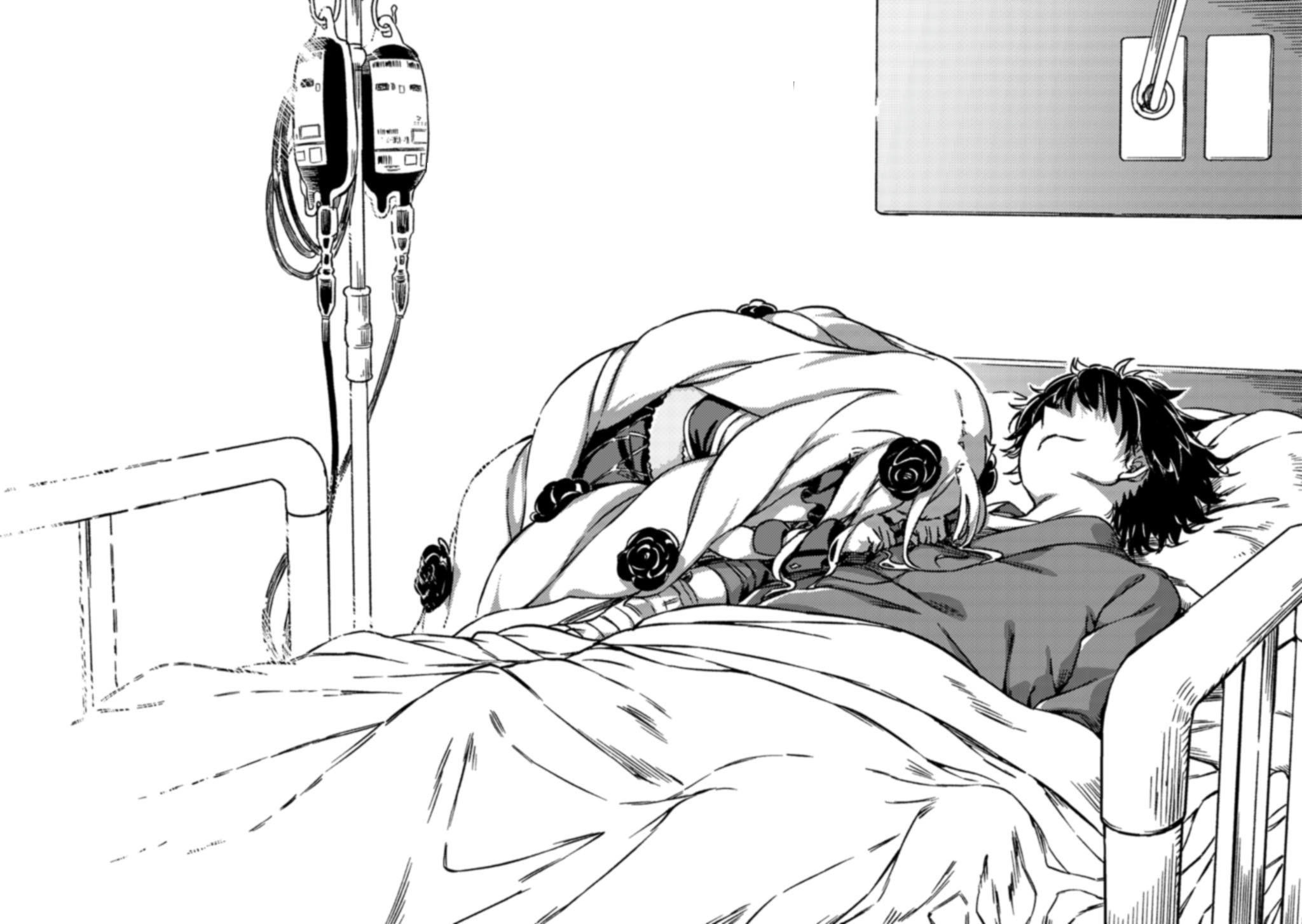 haimura kiyotaka, anna sprengel, kamijou touma, toaru majutsu no index, toaru majutsu no index: genesis testament, highres, novel illustration, official art, 1boy, 1girl, absurdly long hair, bed, big hair, blanket, closed eyes, closed mouth, flower, greyscale, hair flower, hair ornament, halftone dot (medium), hospital bed, hospital gown, intravenous drip, long hair, lying, monochrome, on bed, pillow, rose, shirt, short hair, spiked hair, standing, under covers, very long hair