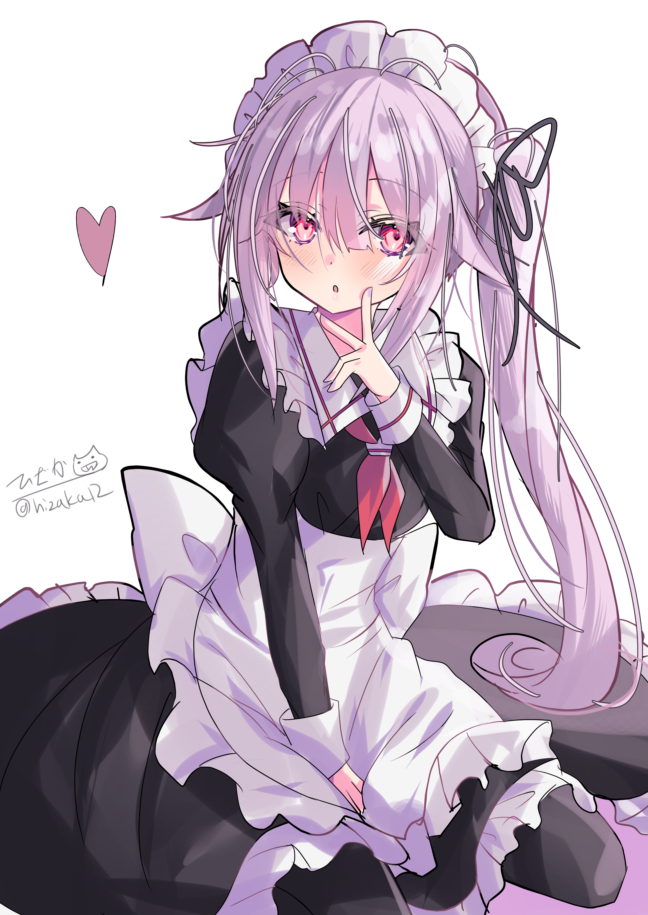 hizaka, harusame (kancolle), harusame (maid) (kancolle), kantai collection, absurdres, commentary request, highres, 1girl, adapted costume, alternate costume, alternate headwear, apron, black dress, black pantyhose, black ribbon, blue hair, blush, dress, enmaided, frilled apron, frilled sailor collar, frills, gradient hair, hair between eyes, hair flaps, hair ornament, hair ribbon, hand up, heart, logo, long hair, long sleeves, looking at viewer, maid, maid headdress, multicolored hair, neckerchief, one-hour drawing challenge, open mouth, pantyhose, pink hair, red eyes, red neckerchief, ribbon, sailor collar, sailor dress, shadow, side ponytail, sidelocks, signature, simple background, sitting, solo, v, very long hair, waist apron, wariza, white apron, white background, white sailor collar