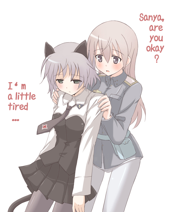 eila ilmatar juutilainen, sanya v. litvyak, strike witches, world witches series, silver hair, hard-translated, third-party edit, translated, 00s, animal ears, cat ears, necktie, pantyhose, sleepy