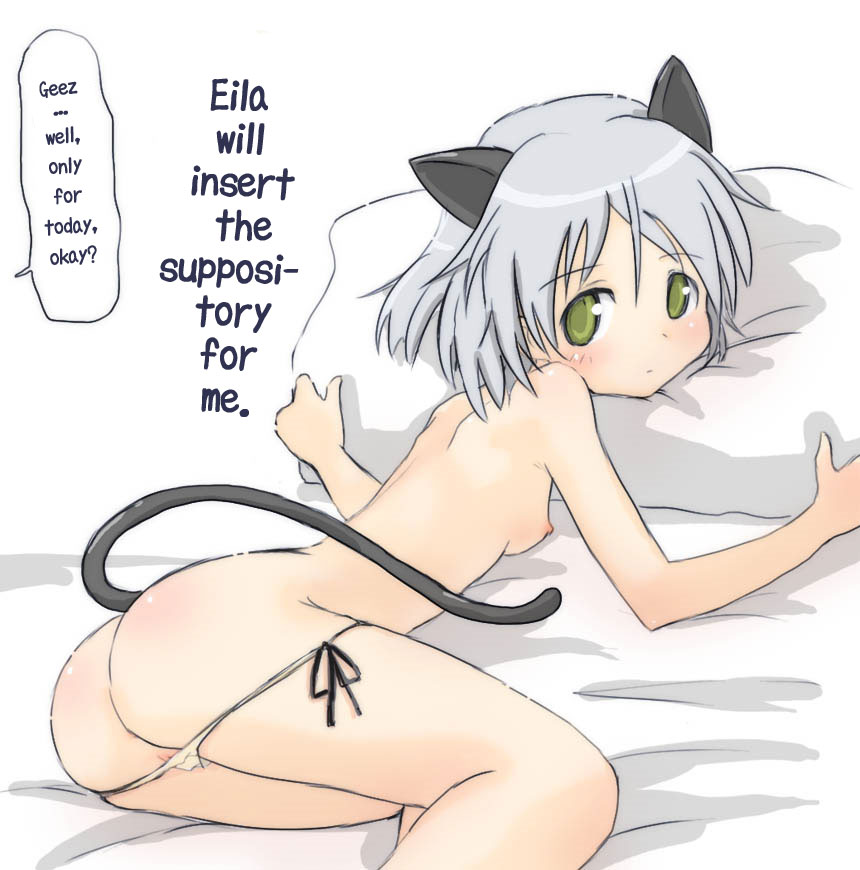 sanya v. litvyak, strike witches, world witches series, silver hair, translated, 00s, animal ears, ass, cat ears, cat tail, green eyes, loli, nipples, panties, side-tie panties, suppository, tail, underwear