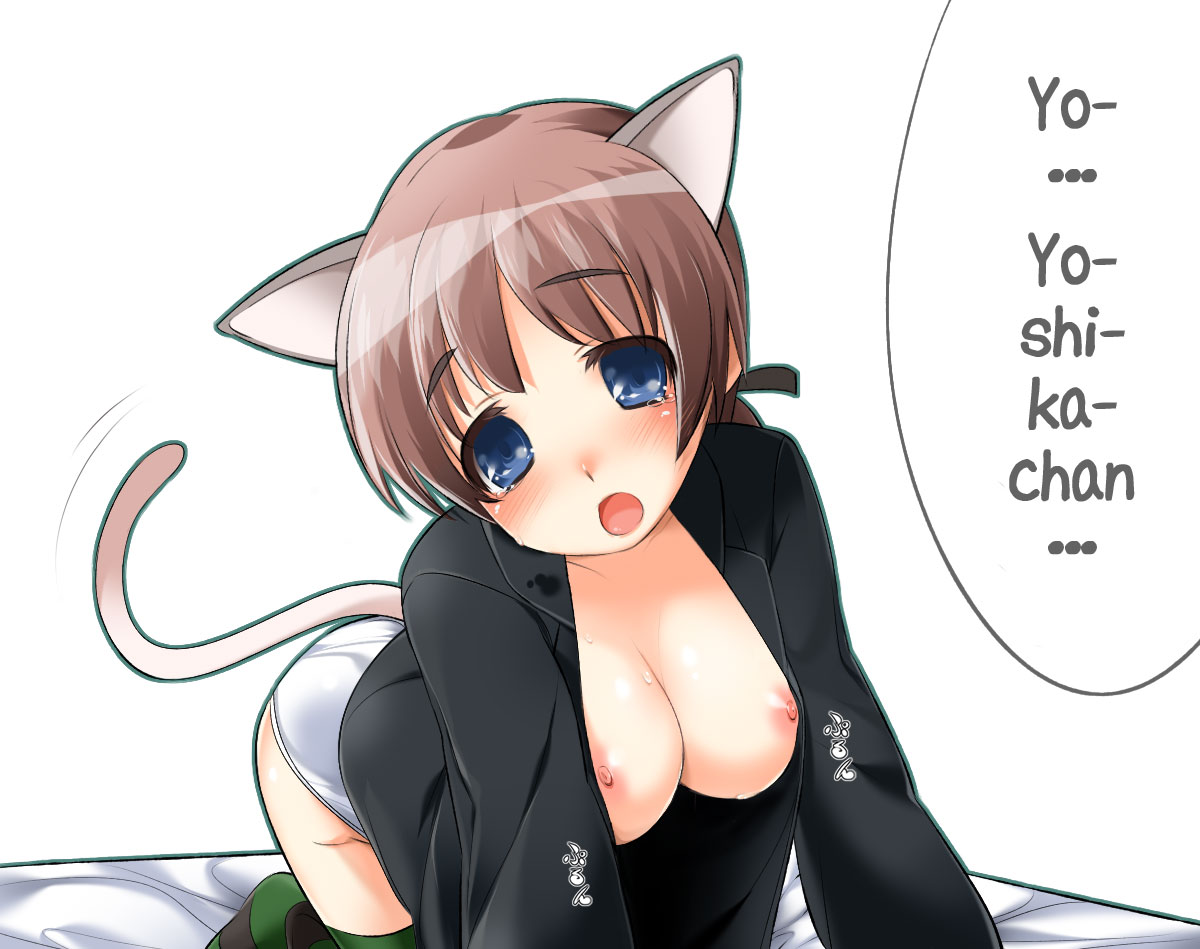 lynette bishop, strike witches, world witches series, 00s, animal ears, blue eyes, breasts, brown hair, cat ears, cat tail, nipples, panties, tail, tears, underwear