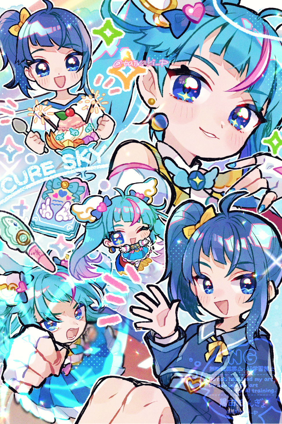 doradorakingyo, cure sky, sora harewataru, hirogaru sky! precure, precure, commentary, highres, 1girl, :d, blue dress, blue eyes, blue hair, blue serafuku, blue shirt, blue skirt, blunt bangs, blush, bow, character name, clenched hand, crepe, diagonal bangs, dress, fingerless gloves, food, gloves, hair bow, hair ornament, hand up, holding, holding spoon, long hair, long sleeves, looking at viewer, magical girl, multicolored hair, multiple views, neck ribbon, notice lines, open mouth, pink hair, ribbon, school uniform, serafuku, shirt, side ponytail, skirt, smile, sparkle, spoon, streaked hair, twintails, twitter username, white gloves, wing hair ornament, yellow bow, yellow ribbon