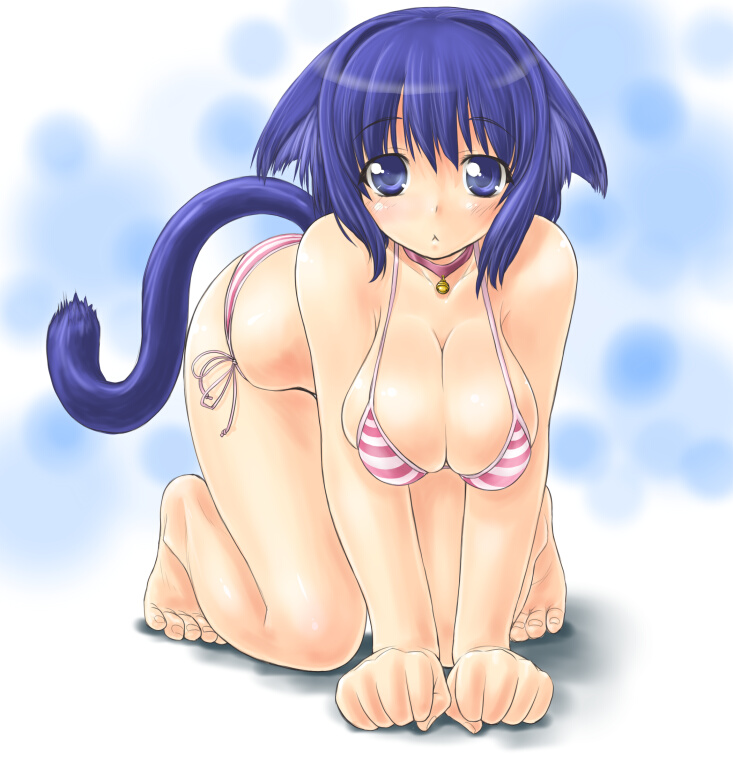 dd (ijigendd), 1girl, :<, all fours, animal ears, barefoot, bell, bikini, blue eyes, blue hair, breasts, breasts squeezed together, cat ears, cat tail, cleavage, collar, female focus, large breasts, matching hair/eyes, neck bell, short hair, side-tie bikini bottom, solo, striped bikini, striped clothes, swimsuit, tail