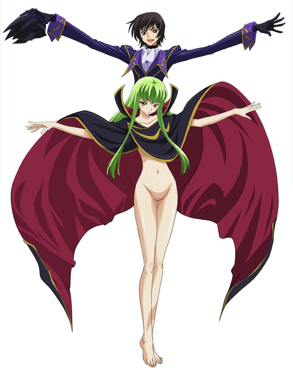 c.c., lelouch vi britannia, code geass, highres, jpeg artifacts, nude filter, third-party edit, 00s, 1boy, 1girl, barefoot, black hair, blush, bottomless, cape, clothed male nude female, gloves, green hair, legs, long hair, looking at viewer, naked cape, navel, no panties, nude, open mouth, outstretched arms, purple eyes, pussy, short hair, simple background, spread arms, standing, thigh gap, thighs, uncensored, white background, yellow eyes