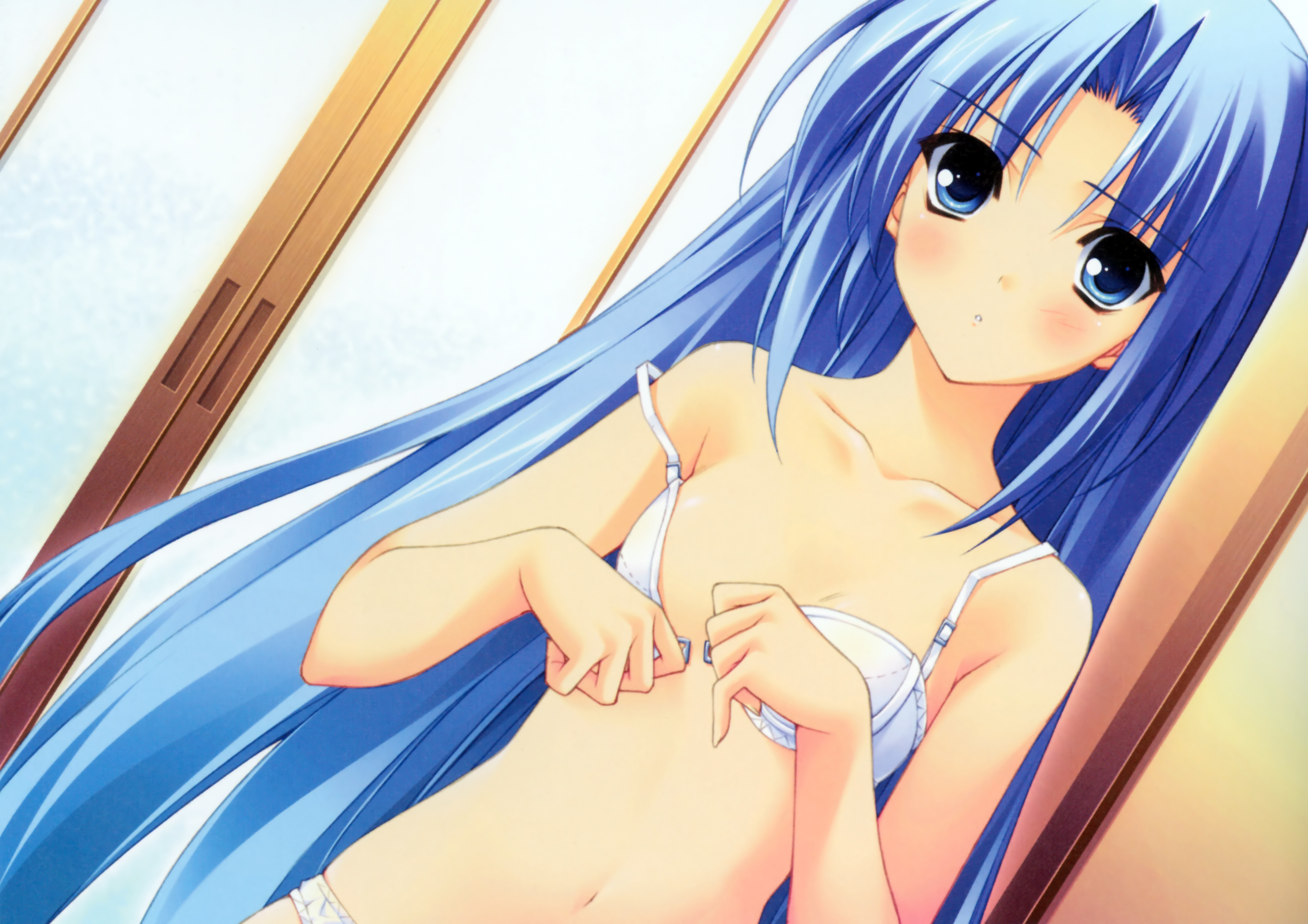 suzuhira hiro, shiki ai, r g b, absurdres, highres, 1girl, alternate hairstyle, blue eyes, blue hair, blush, bra, female focus, hair down, lingerie, long hair, matching hair/eyes, navel, panties, solo, strap slip, underwear, underwear only, white bra, white panties