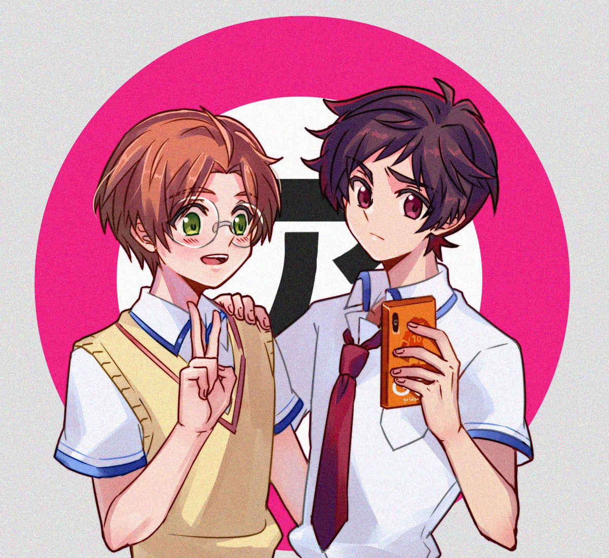 formatkun, jinnai enta, yasaka kazuki, sarazanmai, commentary request, 2boys, brown hair, brown sweater vest, closed mouth, collared shirt, glasses, green eyes, hand on another's shoulder, male focus, multiple boys, necktie, open mouth, red eyes, red necktie, round eyewear, school uniform, selfie, shirt, short hair, short sleeves, sweater vest, v, white shirt