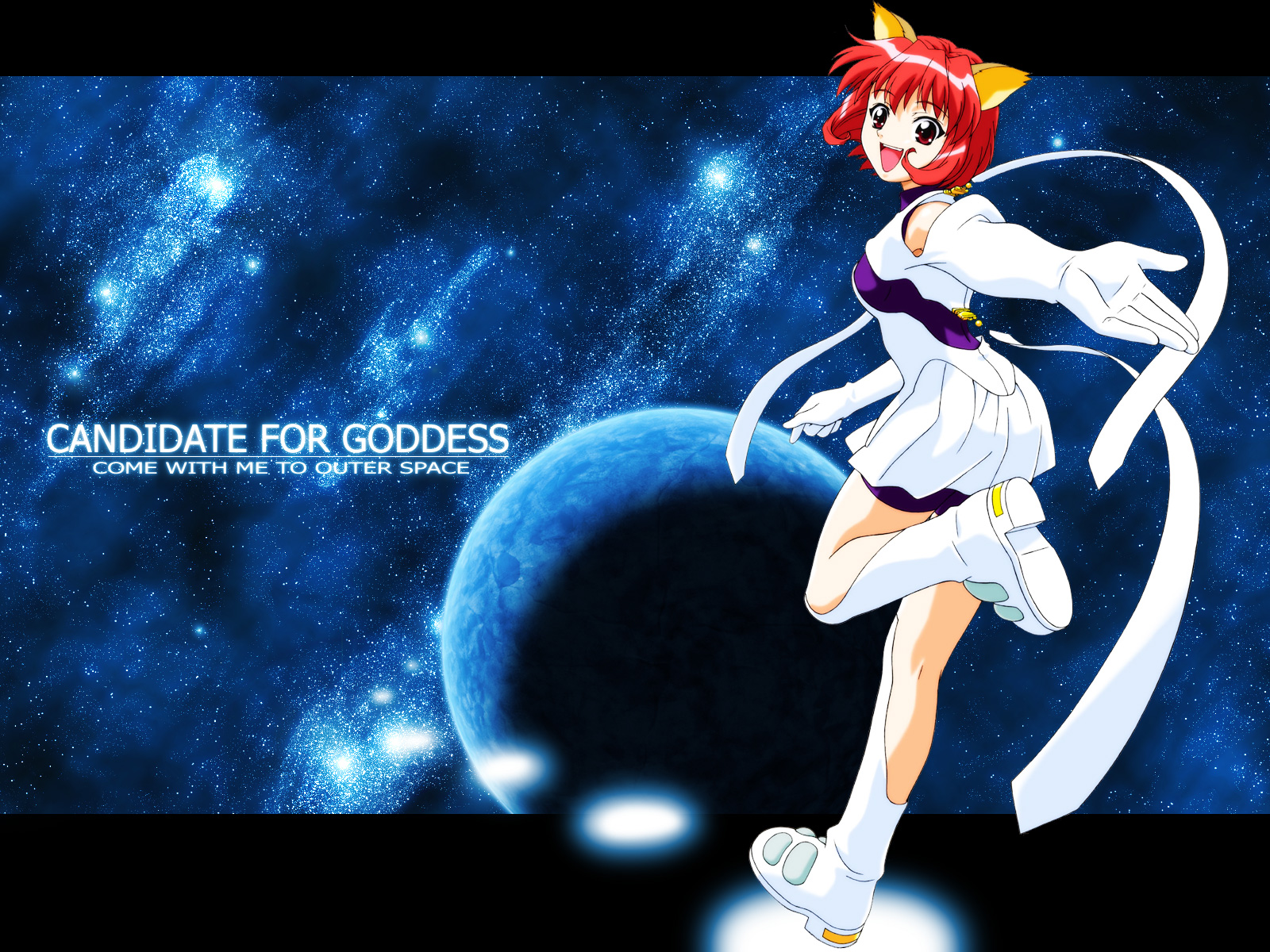itou katsunobu, kizna towryk, megami kouhosei, highres, animal ears, cat ears, fox ears, planet, red hair, running, solo, space