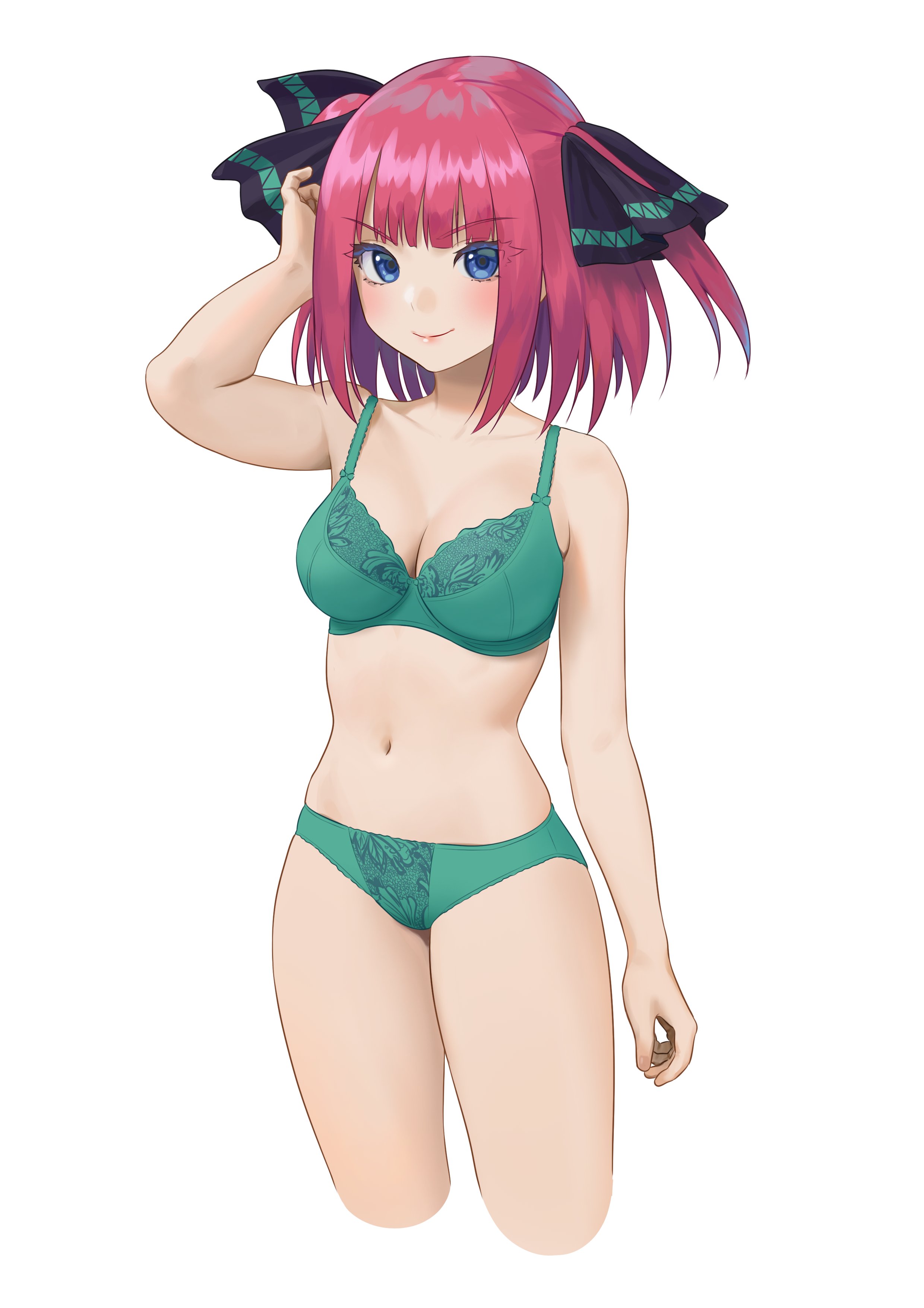 carlo montie, nakano nino, go-toubun no hanayome, absurdres, highres, adjusting hair, arm at side, blue eyes, bra, breasts, butterfly hair ornament, cleavage, closed mouth, cropped legs, green bra, green panties, hair ornament, looking at viewer, medium breasts, navel, panties, pink hair, simple background, smile, solo, stomach, two side up, underwear, underwear only, white background