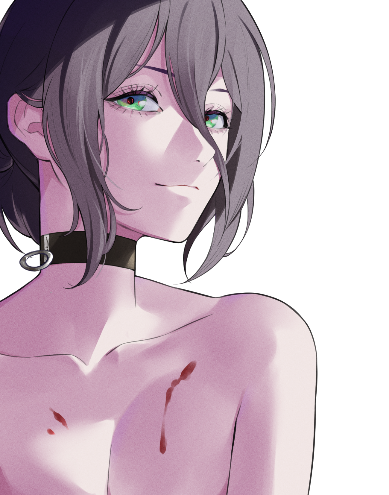rena sakuma, reze (chainsaw man), chainsaw man, highres, 1girl, bare shoulders, black choker, black hair, blood, blood on chest, breasts, choker, cleavage, close-up, collarbone, green eyes, grenade pin, hair between eyes, light smile, looking at viewer, portrait, short hair, sidelocks, simple background, solo, upper body, white background