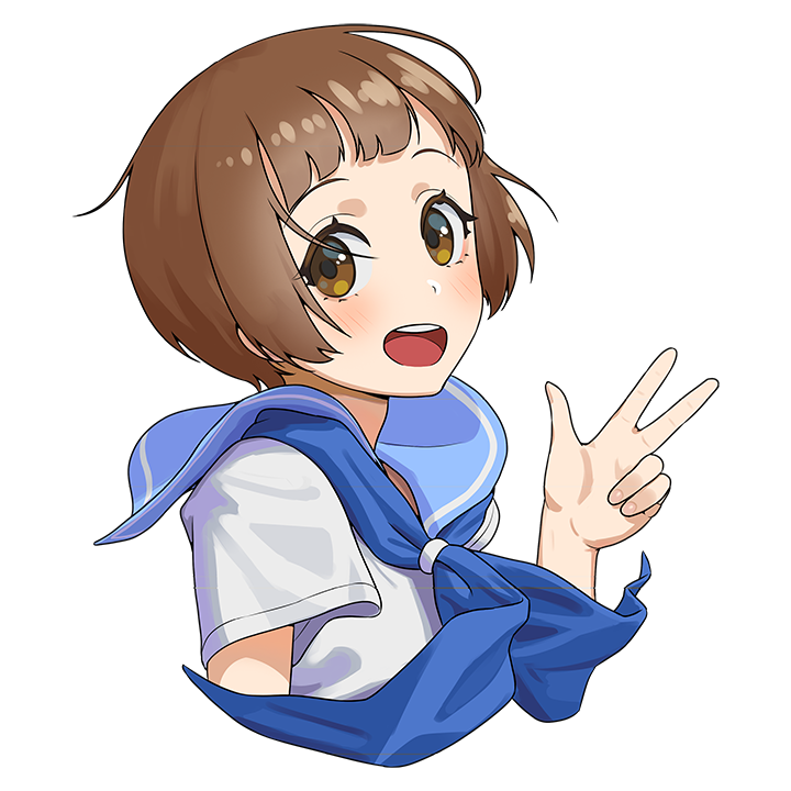 carlo montie, mankanshoku mako, kill la kill, commission, hashtag-only commentary, 1girl, blue neckerchief, blue sailor collar, brown eyes, brown hair, cropped torso, looking at viewer, neckerchief, open mouth, sailor collar, school uniform, serafuku, shirt, short hair, simple background, solo, teeth, upper teeth only, w, white background, white shirt