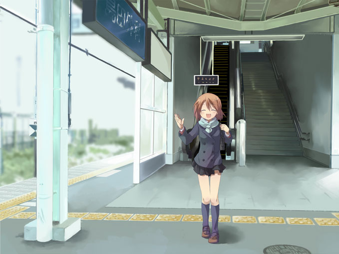 akane souichi, suimya, original, 1girl, blazer, female focus, jacket, scarf, school uniform, skirt, smile, solo, tactile paving, train station, waving
