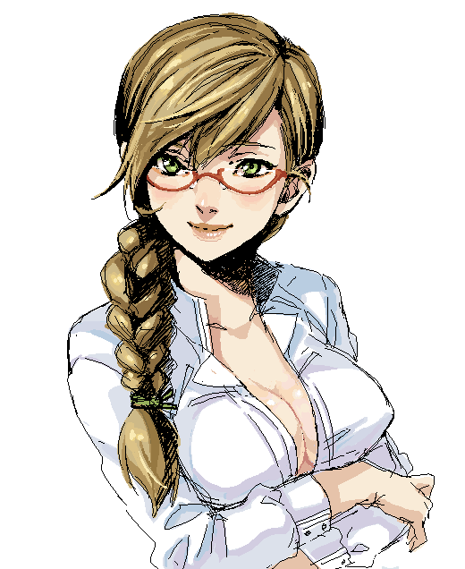 yuuryuu nagare, original, 1girl, braid, breasts, cleavage, female focus, glasses, lips, oekaki, solo