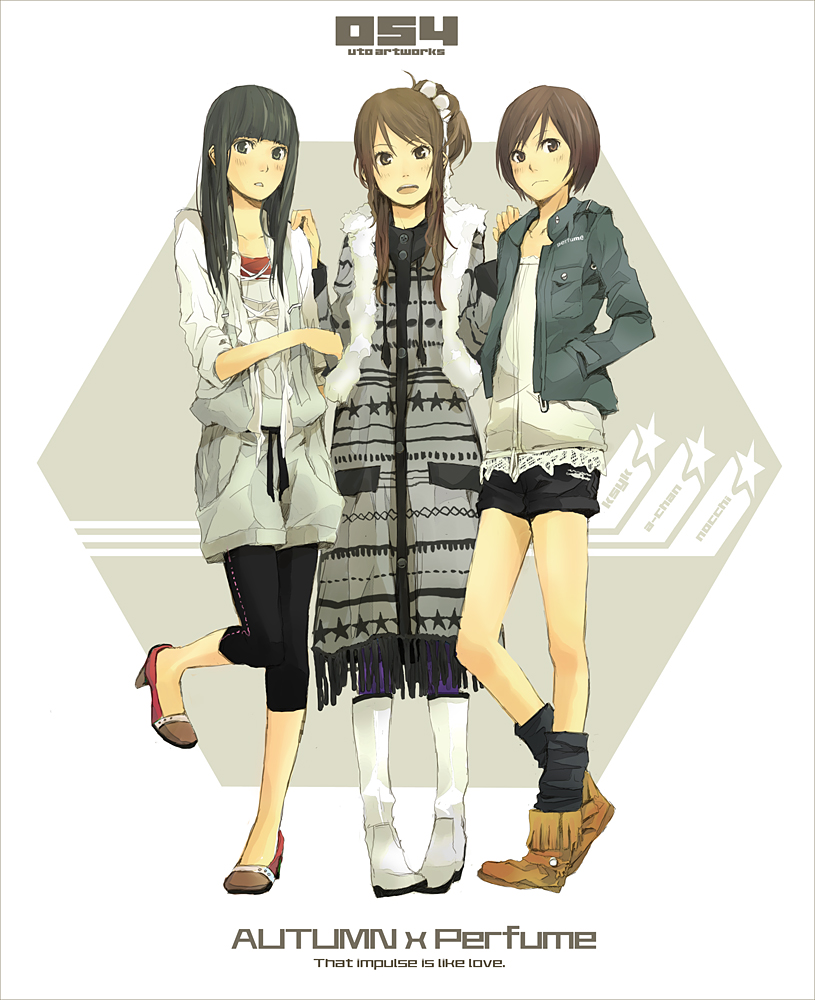 cami, yoshito, a~chan, kashiyuka, nocchi (perfume), original, perfume (band), 3girls, black eyes, black hair, black leggings, blunt bangs, boots, brown eyes, brown hair, casual, character name, dress, english text, frown, full body, jacket, leggings, long hair, loose socks, multiple girls, short hair, shorts, side ponytail, sleeves pushed up, socks